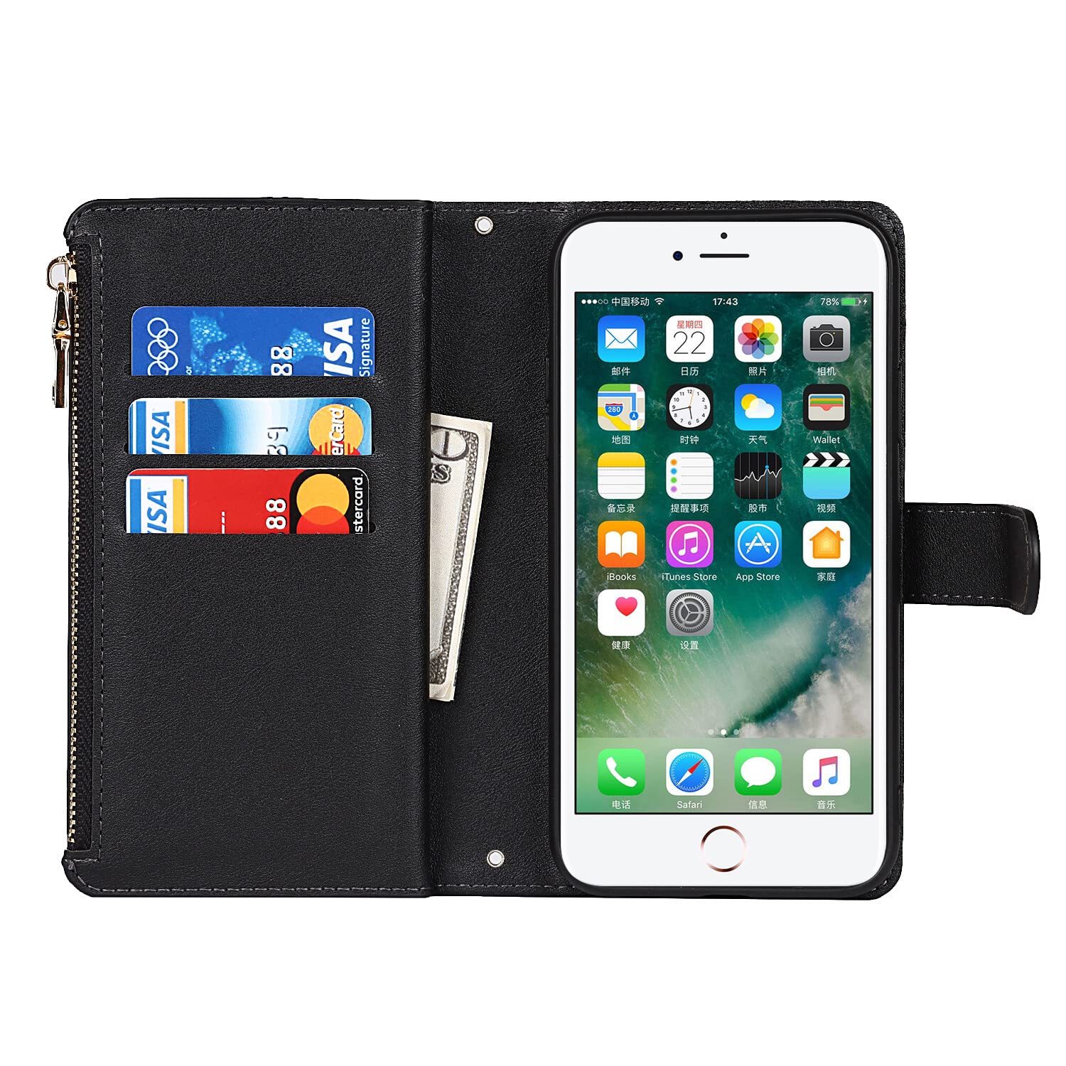 Premium Leather Magnetic Wallet Case for iPhone 6 Plus/6s Plus - Slim Protective Cover with Card Holder & Strap Stand (Black) | Perfect for Work, Travel & Everyday Use - Ideal Gift for Men & Women