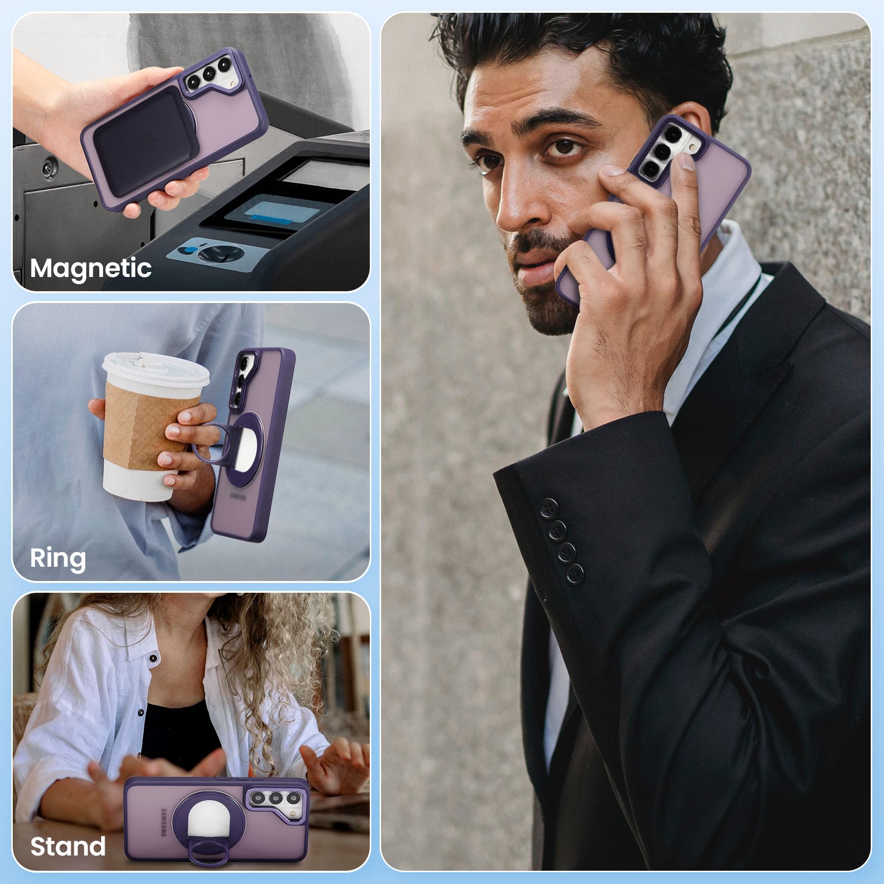 Samsung Galaxy S22 Case with Rotating Kickstand - Wireless Charging Compatible, Clear Hard PC Protective Phone Cover for Women & Men (Purple) - Perfect for Work, Travel & Entertainment