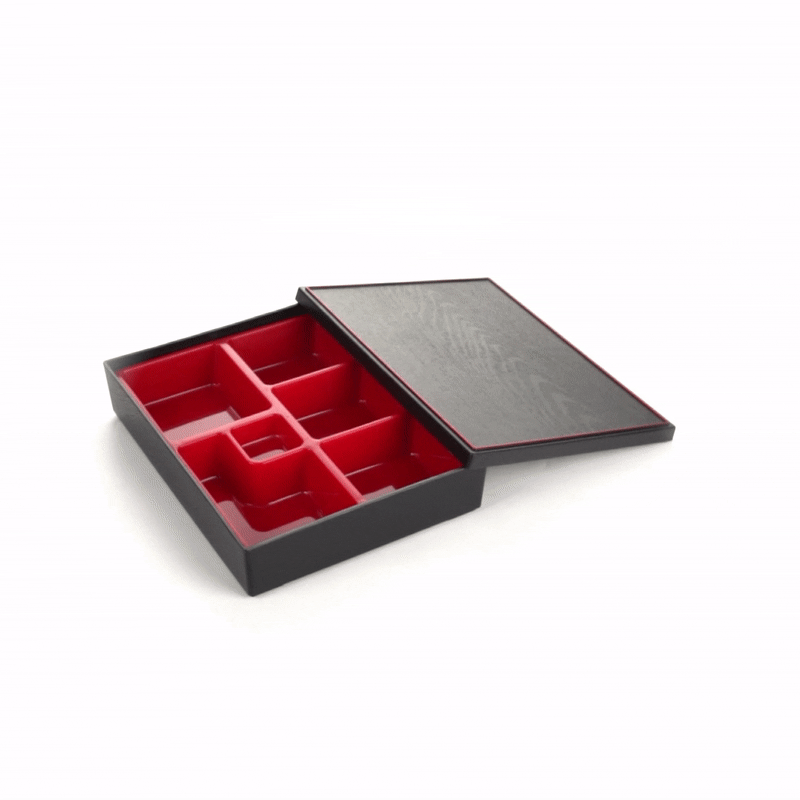 Large Japanese Style Bento Box - 6 Compartments Black & Red Lunch Container (12.25