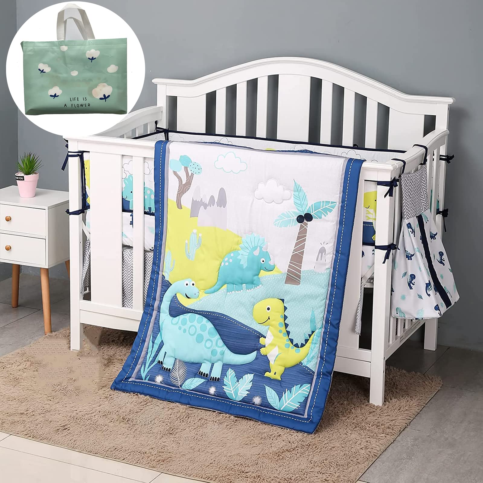 9-in-1 Complete Soft Crib Nursery Bedding Set with 4 Side Cushions, Quilt, Sheet, Pillowcase, Skirt & Diaper Bag for Infants, Babies & Toddlers - Dinosaur Theme | Perfect for Nursery Decor, Baby Shower Gifts & Cozy Sleep Time