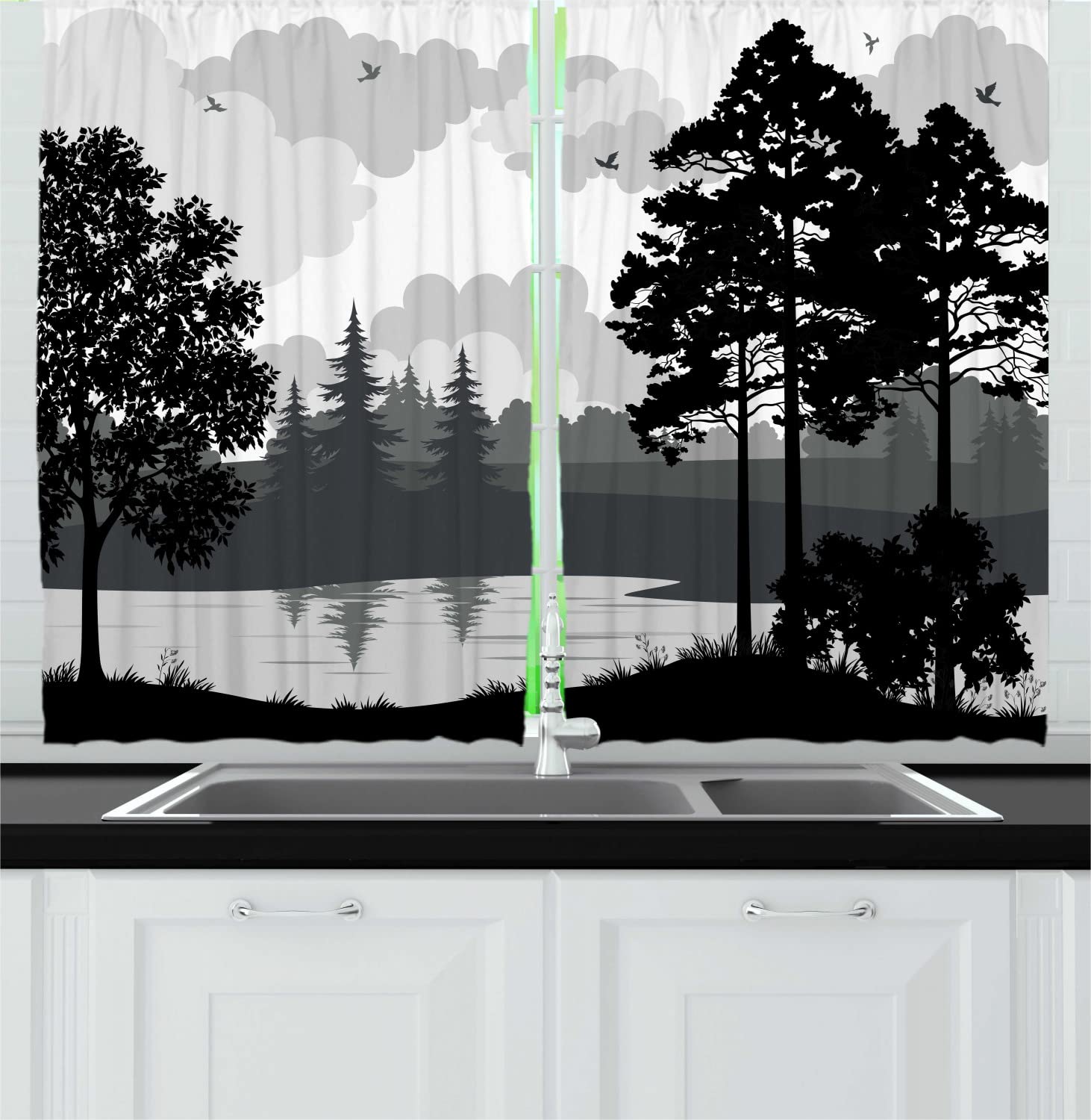 Ambesonne Lake Forest Long Kitchen Curtains - Forest Tree River & Bird Silhouette Landscape Drapes, 2 Panels with Rod Pocket, 55