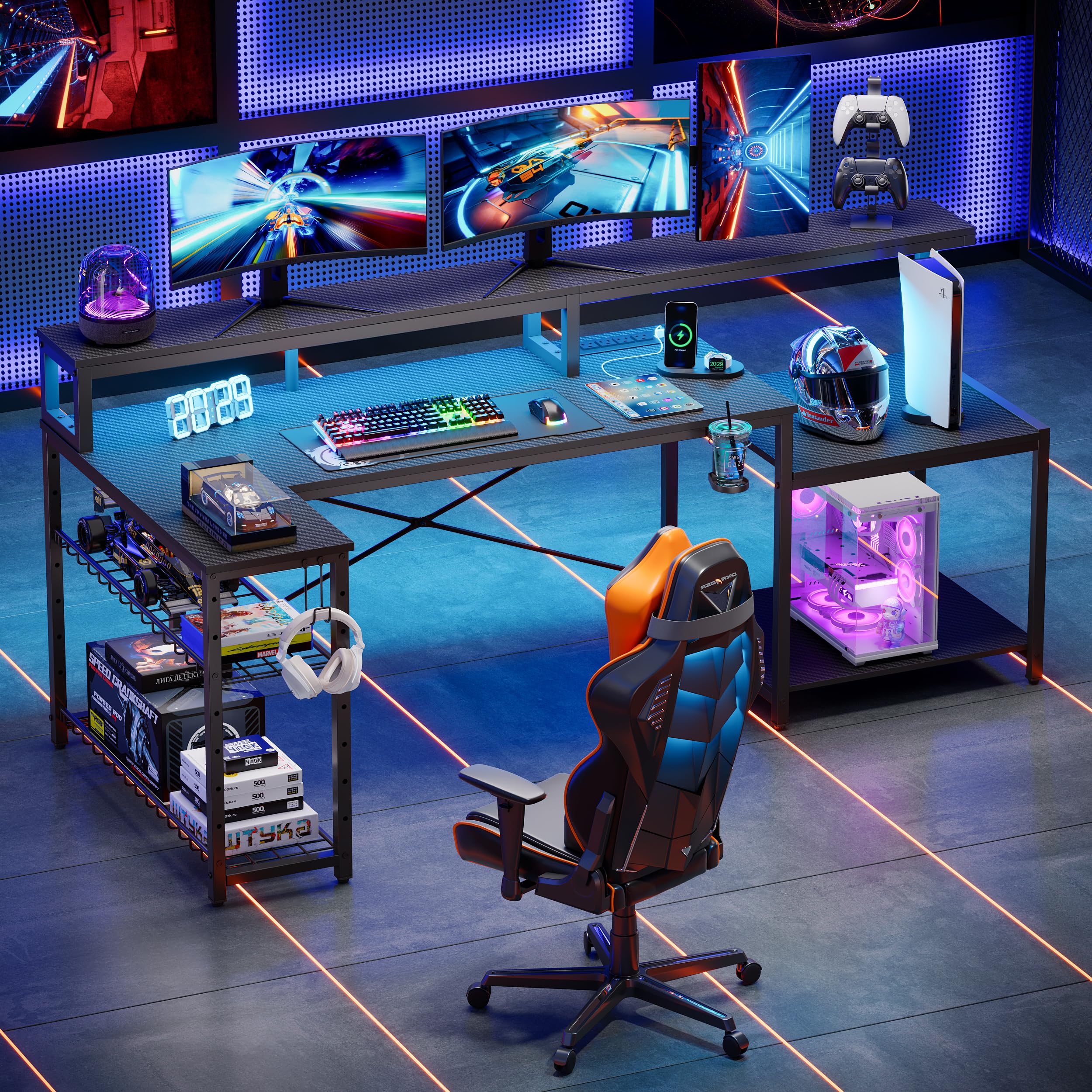 Bestier L-Shaped Gaming Desk with Power Outlets & LED Lights - Black Corner Computer Desk with Storage Shelf & Headset Hooks - Perfect for Home Office, Streaming Setup & Esports Gaming Stations