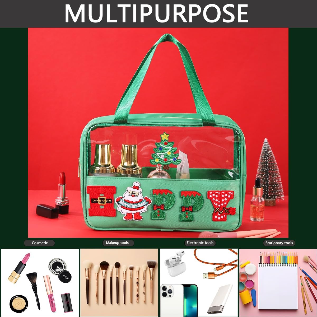 2 Pcs Christmas Makeup & Snack Bags with Zipper - Waterproof Clear Travel Toiletry Storage for Women | Holiday Gifts & Travel Essentials