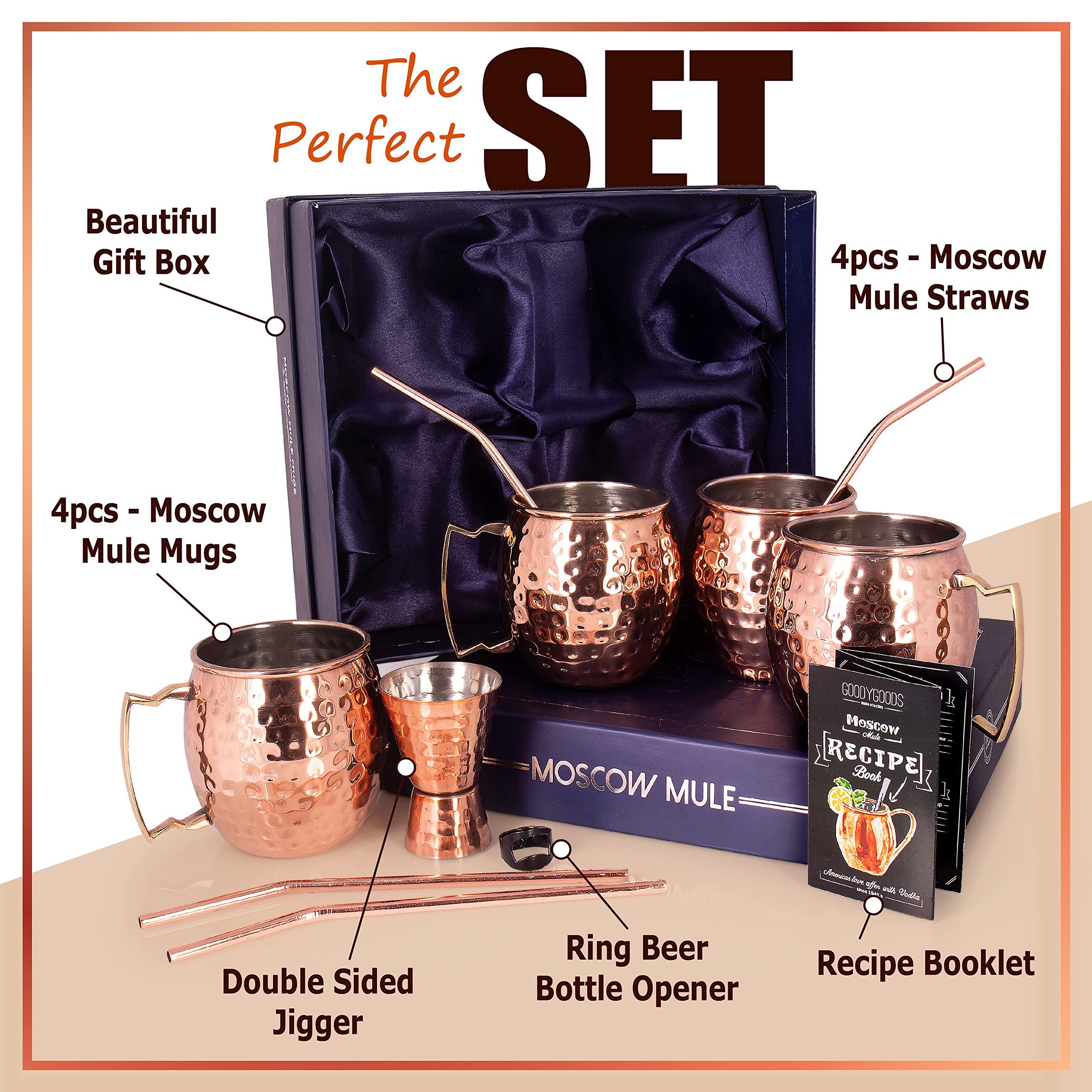 Premium Moscow Mule Mugs Set - 4 Handcrafted 18oz Copper Plated Cups with Stainless Steel Lining, 4 Unique Straws, Jigger, Bottle Opener & Recipe Booklet - Perfect for Cocktail Parties, Home Bars & Gifts