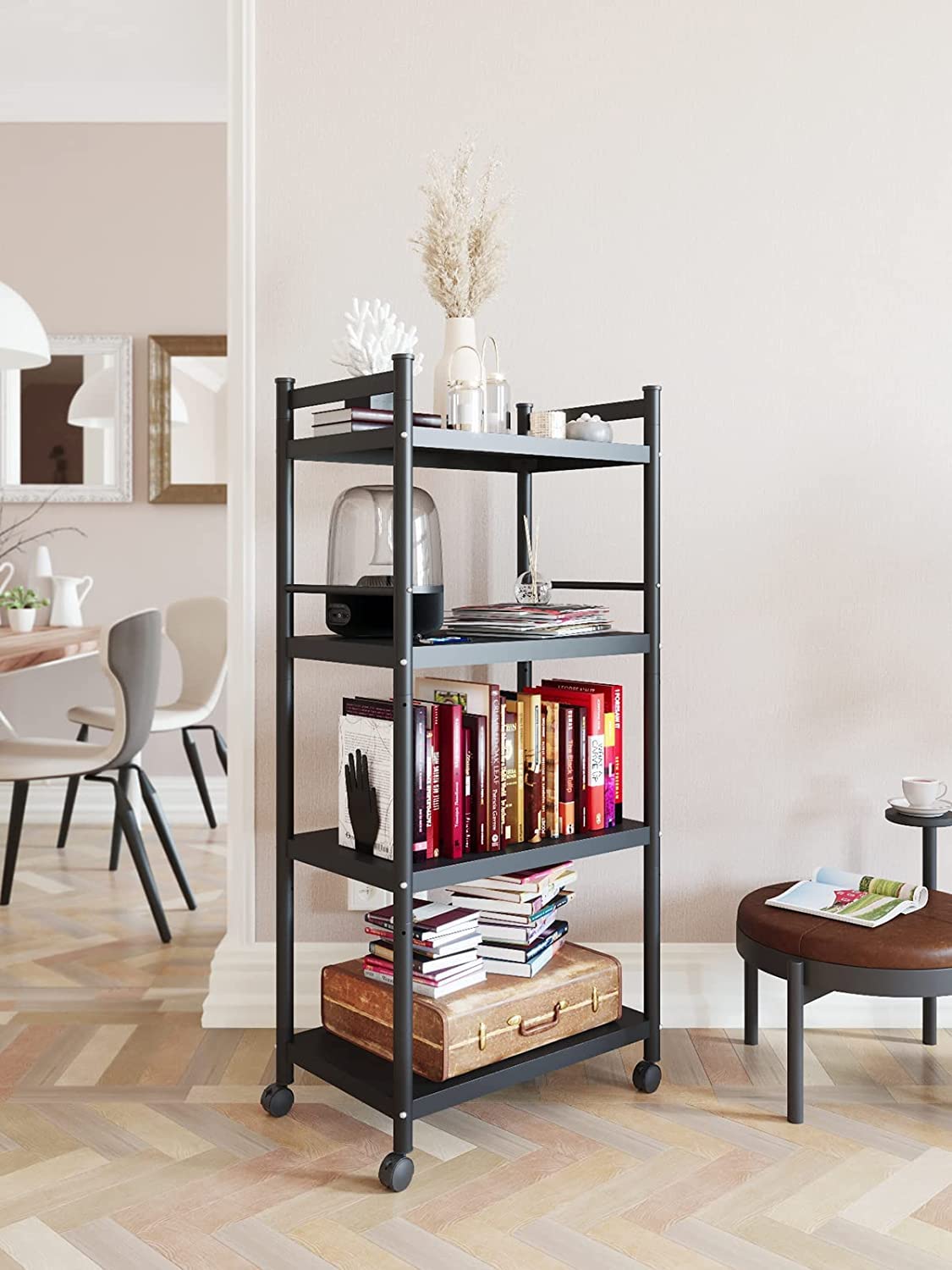 Heavy Duty 4-Tier Metal Kitchen Baker's Rack with Wheels - XL200 Black Storage Shelving Unit (23.6