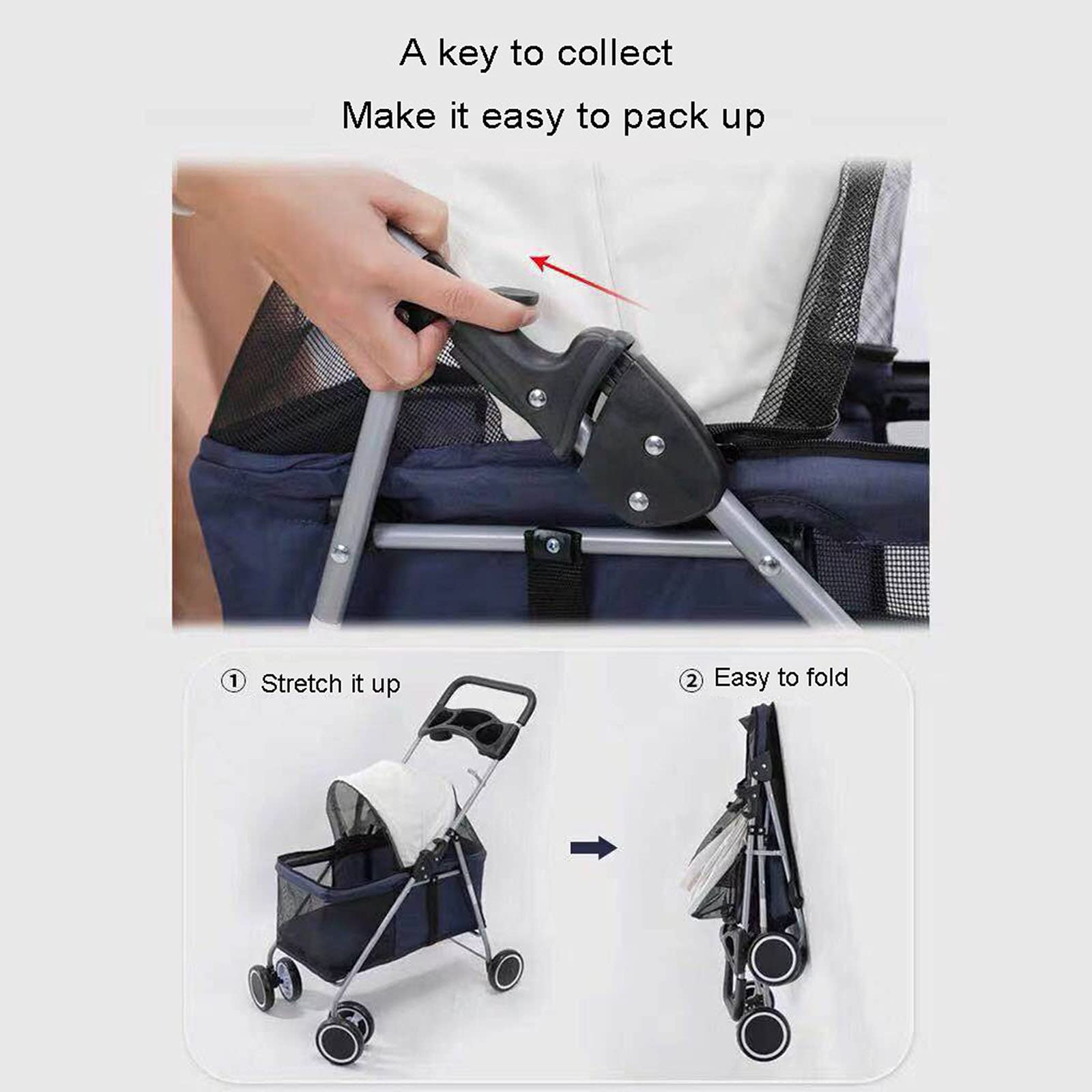 Foldable 4-Wheel Pet Stroller for Small Dogs & Cats Under 30kg - Lightweight, Escape-Proof with Safety Buckle, Cup Holder & Storage Pocket - Perfect for Walks, Travel & Vet Visits
