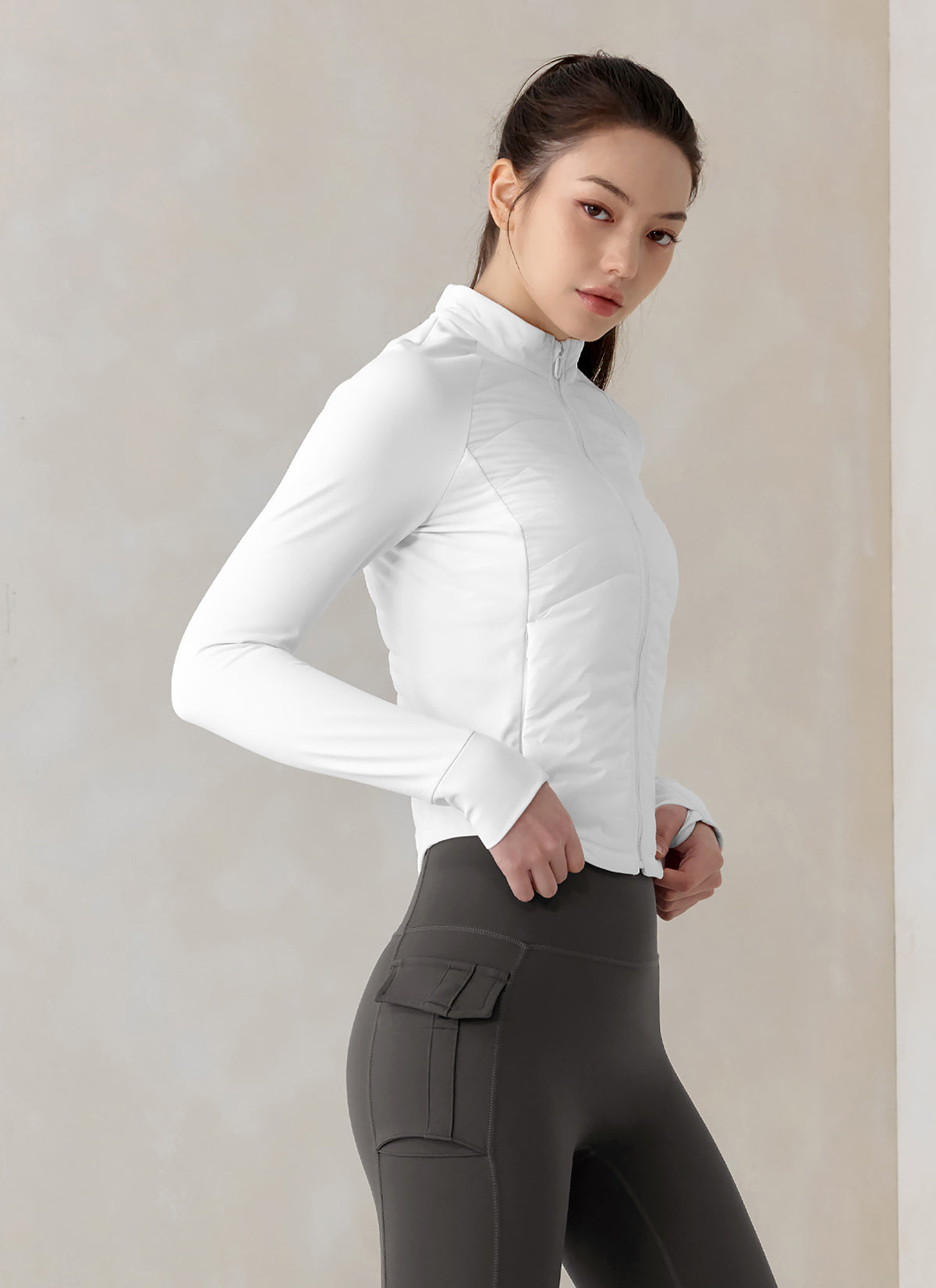 Lightweight Padded Mock Neck Jacket with Finger Hole - Comfortable & Stylish for Outdoor Activities, Hiking, and Casual Wear