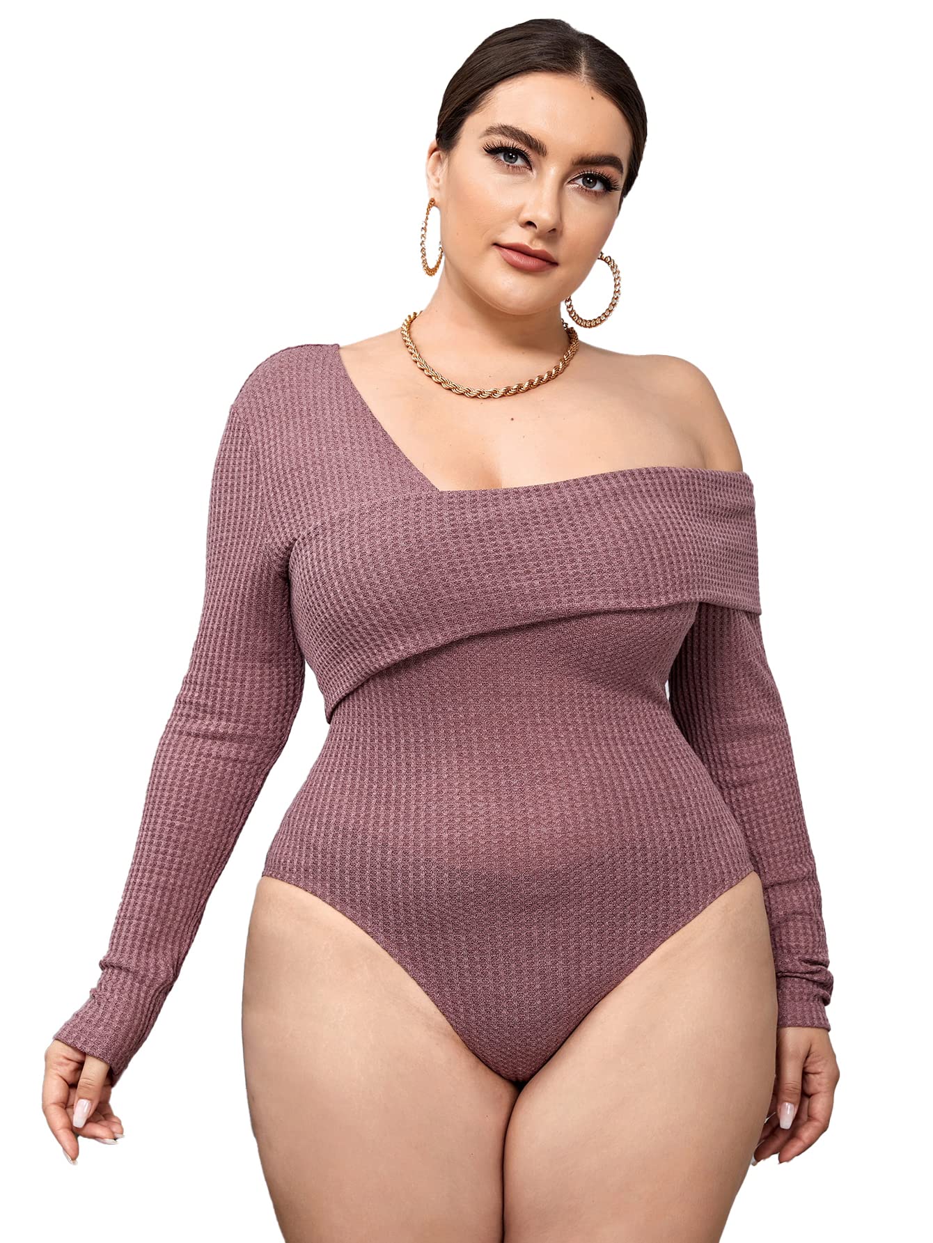 Floerns Women's Plus Size Asymmetrical Neck Long Sleeve Knitted Bodysuit Tops - Stretchy Comfortable Casual Outfit for Work, Date Night & Fall Fashion