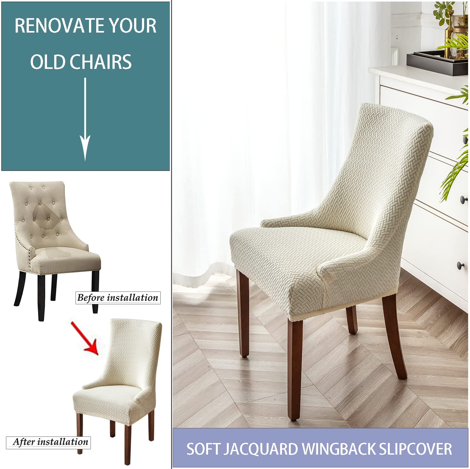 Stretch Diagonal Stripes Wingback Chair Slipcovers - Washable Reusable Armchair Protector Covers Set of 2, Beige - Perfect for Dining Room Chairs, Kitchen Chairs & Living Room Furniture Protection