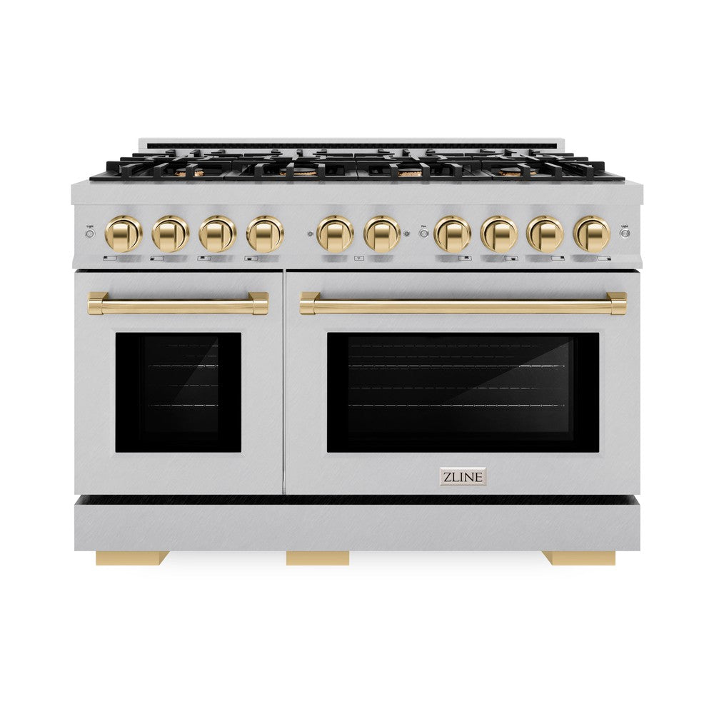 ZLINE Autograph Edition 48-Inch 6.7 cu. ft. Professional Double Oven Gas Range with 8-Burner Cooktop in Satin Stainless Steel & Polished Gold Accents (HGRSZ 48 G) - Perfect for Large Kitchens, Gourmet Cooking, and Entertaining