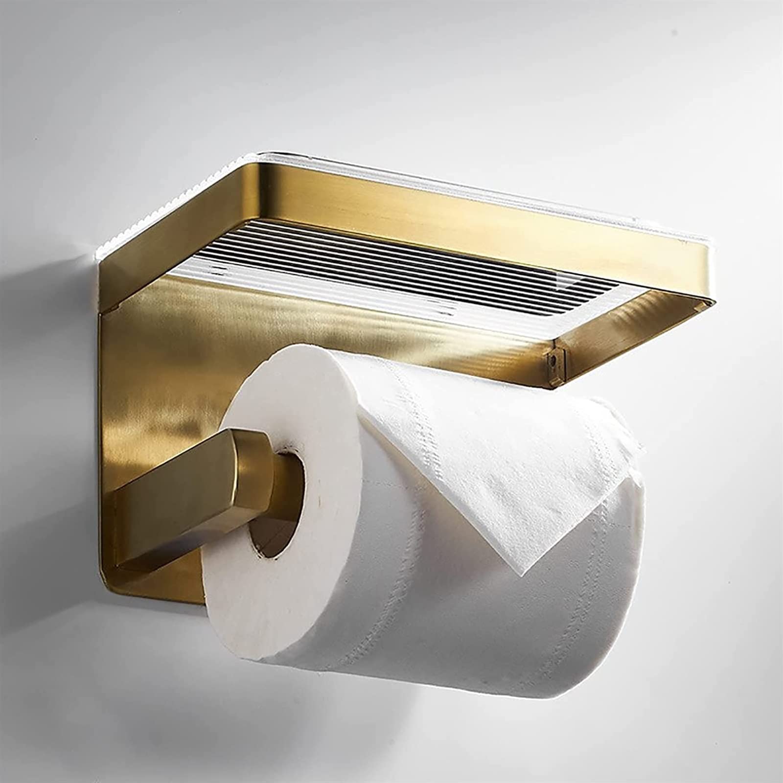 Stainless Steel & Acrylic Wall Mount Toilet Paper Holder with Shelf - Brushed Gold Bathroom Tissue Roll Holder & Towel Rack for Hotel, Kitchen & Home Use - Perfect for Bathroom Organization & Space Saving Storage