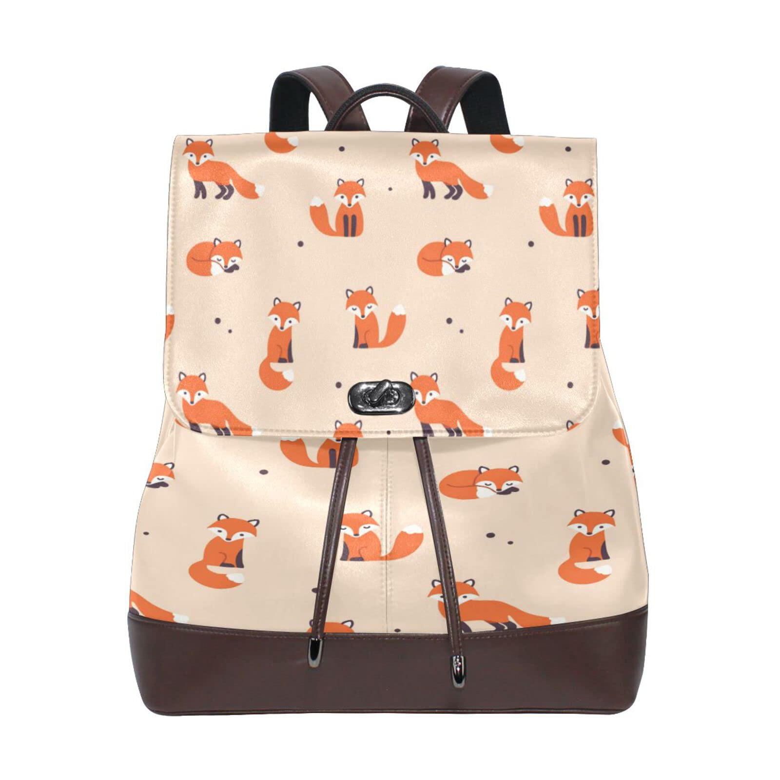 Stylish Fox Print PU Leather Backpack Purse for Women & Girls - Fashionable Shoulder Bag for Travel, College, School & Casual Day Use | Cute Rucksack for Teens & Ladies