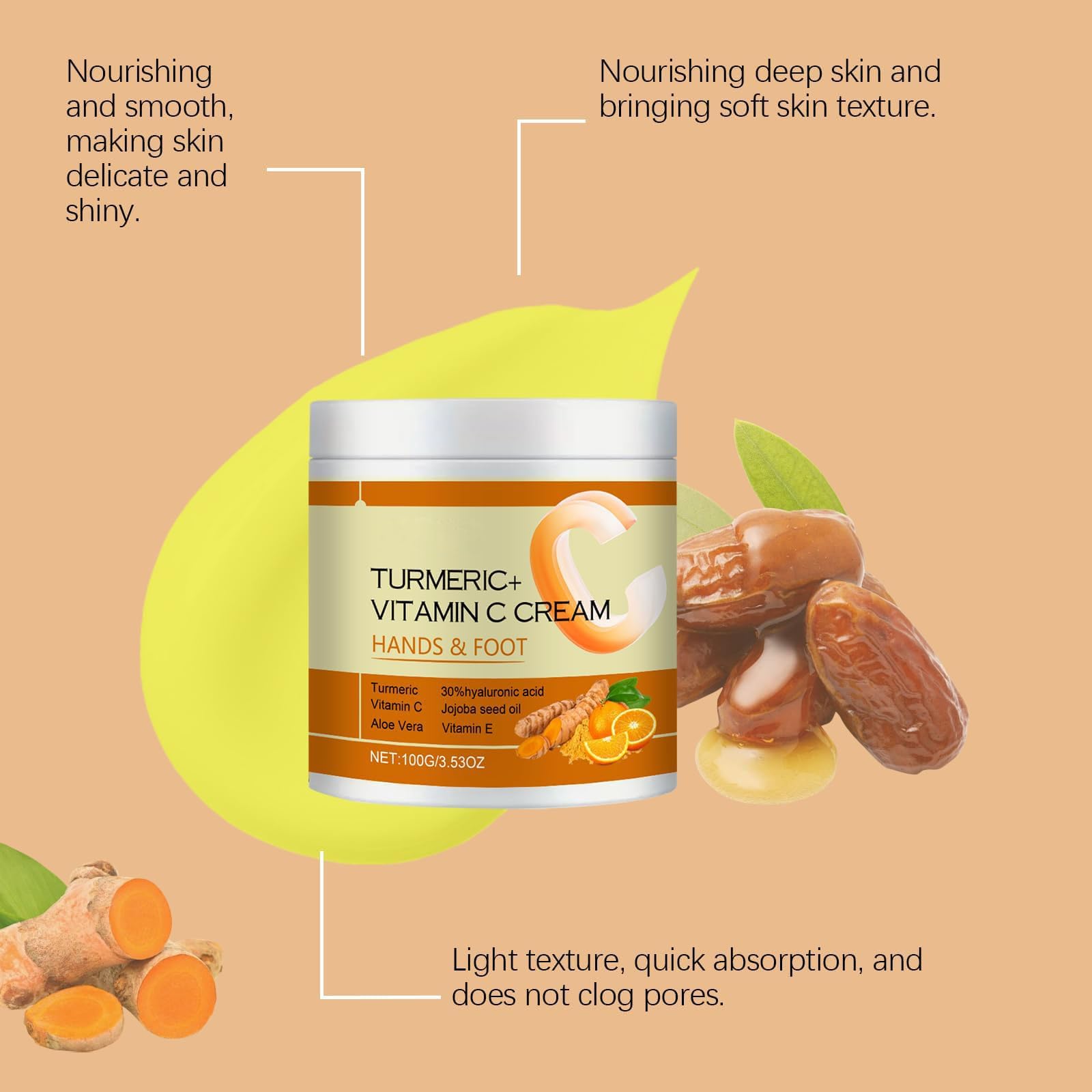 Turmeric Face Cream with Vitamin C - Hydrating & Anti-Aging Moisturizer for Hands, Feet & All Skin Types | Skin Repair, Firming & Lifting Treatment | Perfect for Daily Skincare Routine & Nighttime Hydration (3-Pack)