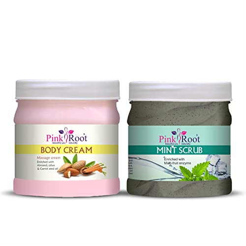 Pink Root Body Massage Cream & Mint Scrub Set - 500gm Each - Deep Moisturizing & Exfoliating for Smooth Skin - Perfect for Spa, Home Relaxation & Self-Care Routine