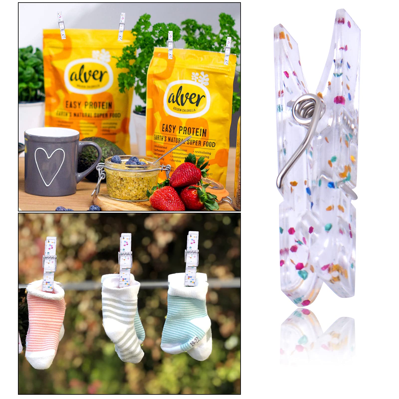 100pcs Transparent Plastic Clothespins with Glitter - 3.5cm Mini Clips for Crafts, Photos, Laundry & Christmas Decorations - Perfect for DIY Projects, Party Decor, and Home Organization