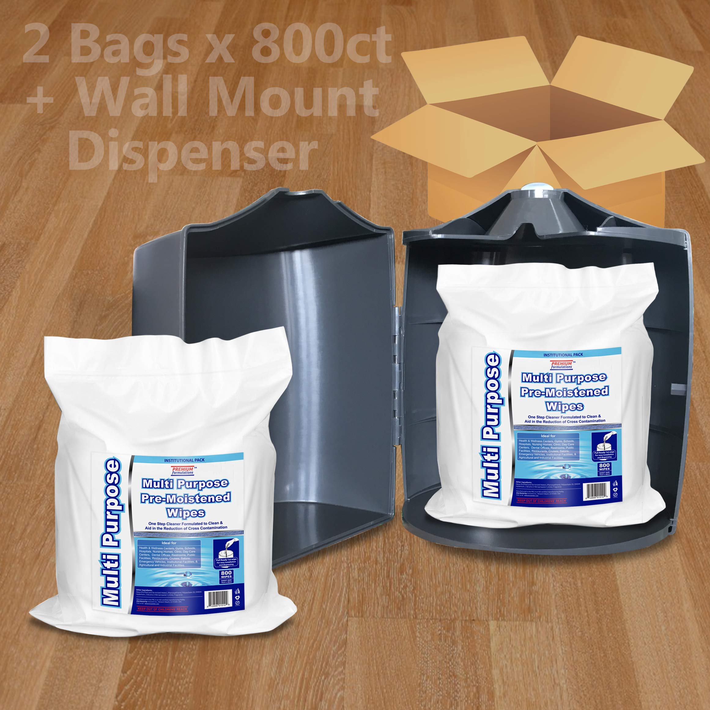 **1600-Count Wet Wipes Combo Pack - 2 x 800 Refill Bags with Wall-Mount Upward Pull Dispenser - Ideal for Public Restrooms, Offices, and High-Traffic Areas**