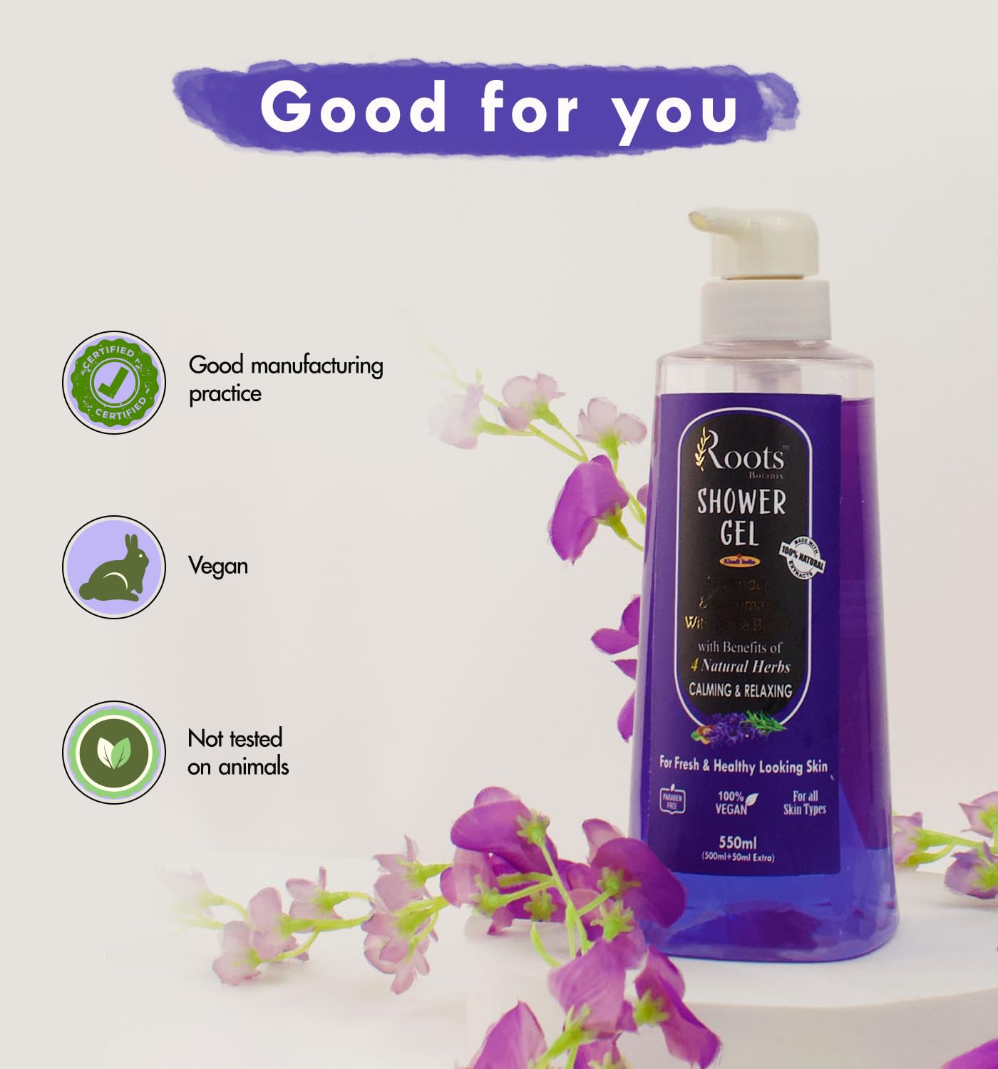 Roots Botanix Lavender Body Wash - Natural Shower Gel for All Skin Types | Paraben & Silicone Free | 18.6oz Hydrating Cleanser for Dry & Sensitive Skin | Relaxing Aromatherapy Bath & Shower Experience
