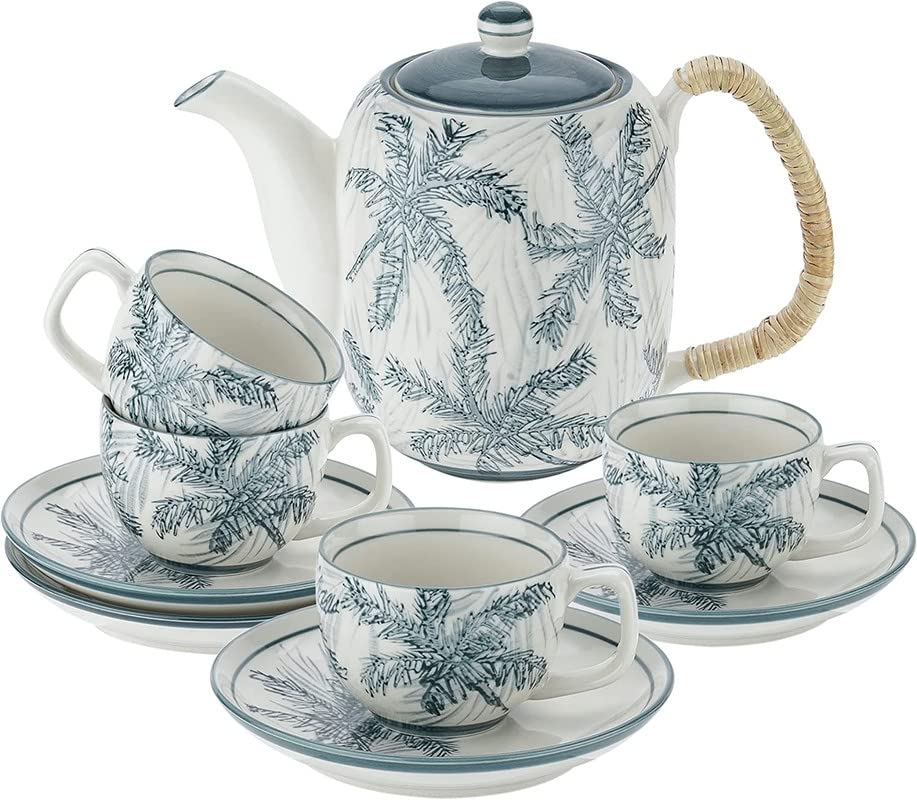 Premium Ceramic Tea Set for Adults - 32oz Teapot with 4 Cups, Blue Grey English Porcelain Tea Party Set - Microwave Safe & Easy to Clean - Perfect for Afternoon Tea, Gifts & Home Decor