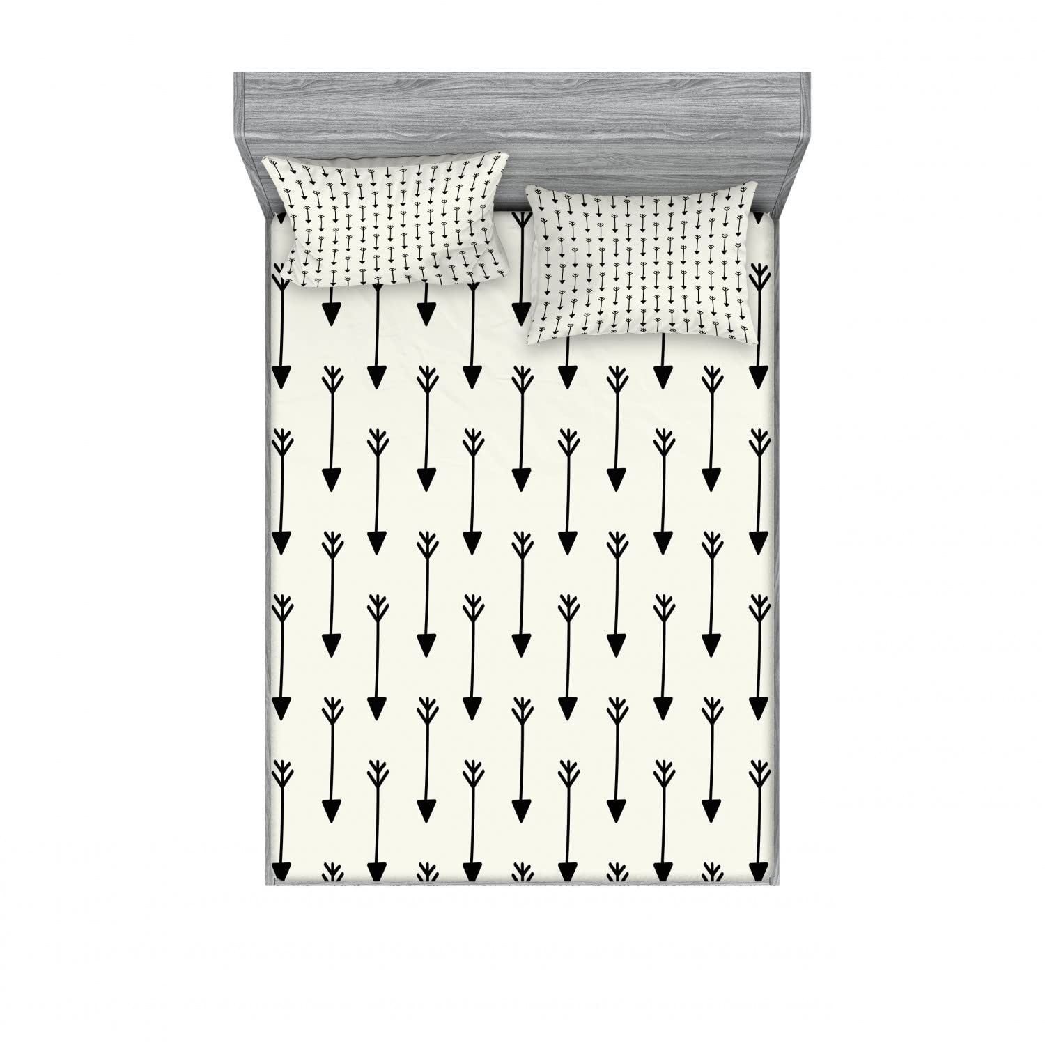 Ambesonne 2-Piece King Size Fitted Sheet Set with 4 Pillow Shams - Bohemian Arrow Print Bedding in Beige & Black - Retro Ethnic Home Decor for Master Bedroom, Guest Room or Dorm