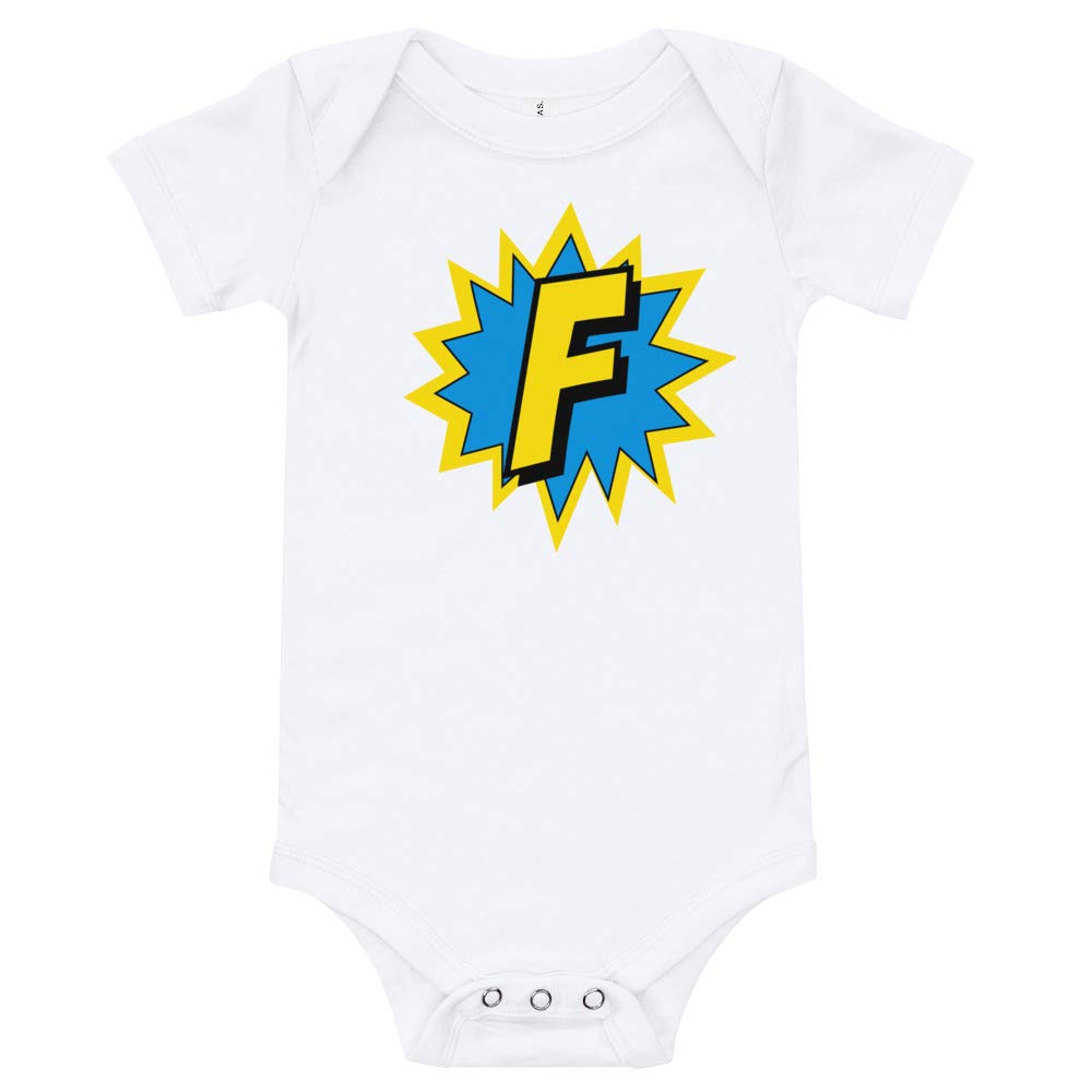 Personalized Baby Bodysuit - Superhero Comic Book Art with Letter F - Cute Infant Clothes for Boys & Girls - Perfect Baby Shower Gift & Newborn Outfit for Photos, Parties & Everyday Wear