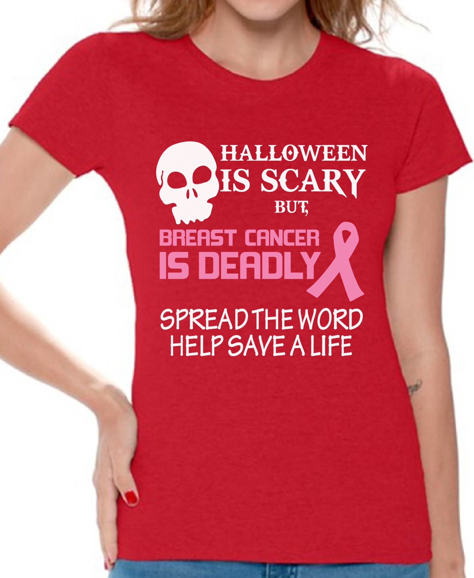 Awkwardstyles Women's Halloween Scary T-Shirt - Breast Cancer Awareness Shirt with Free Bookmark - Perfect for Halloween Costumes & Cancer Support Events