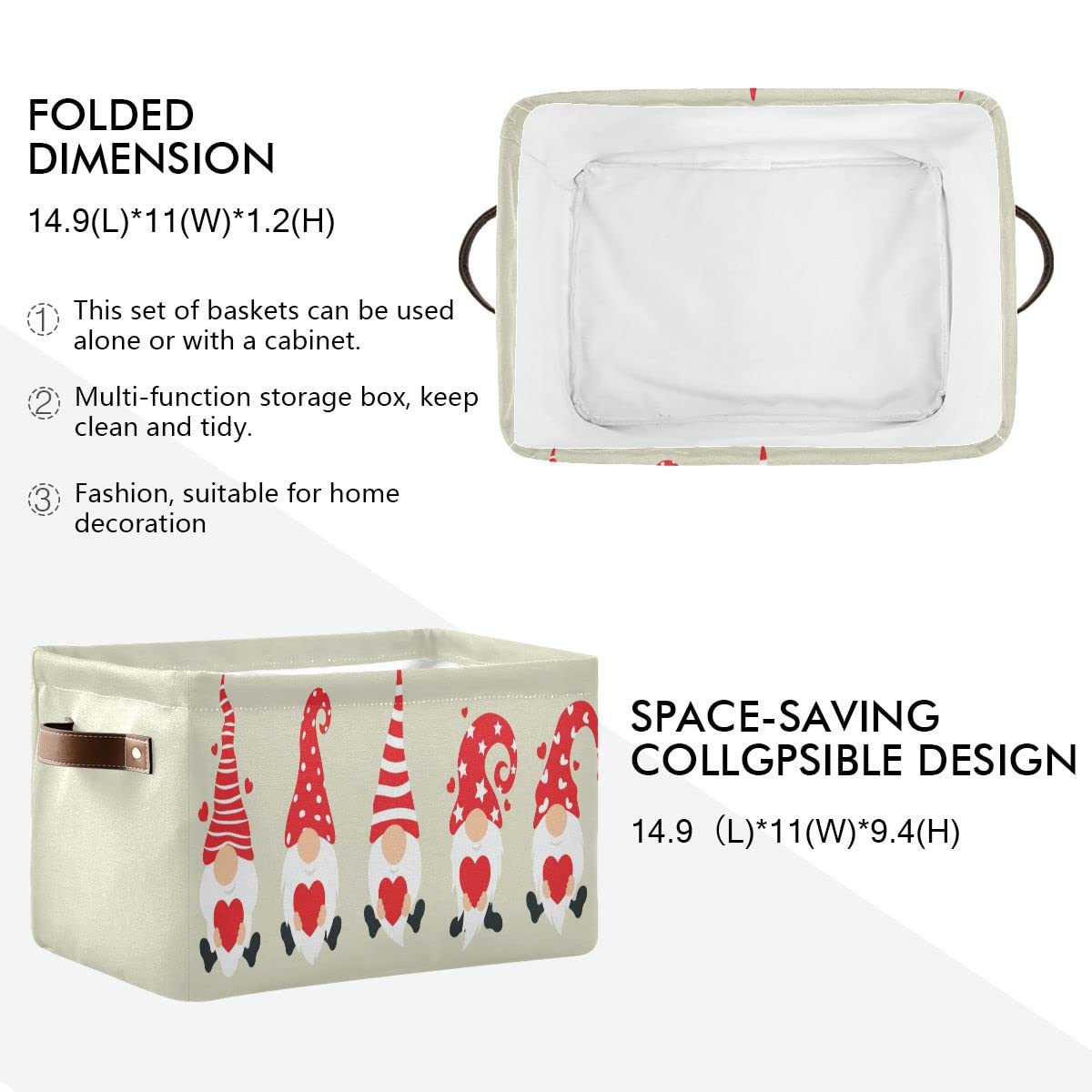 Christmas Gnomes Rectangular Storage Bin Basket with Handles - Toy & Laundry Organizer for Kids, Pets, Bedroom & Closet | Holiday Decor & Home Organization Solution