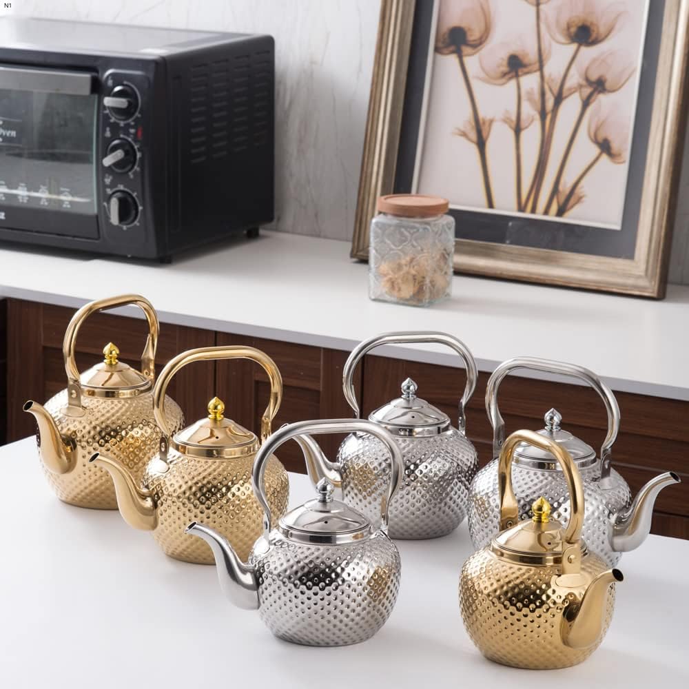 SANQIAHOME 2000ml Stainless Steel Teapot with Infuser - Gold Induction & Gas Stove Compatible Tea Kettle - Perfect for Home, Office, and Tea Ceremonies