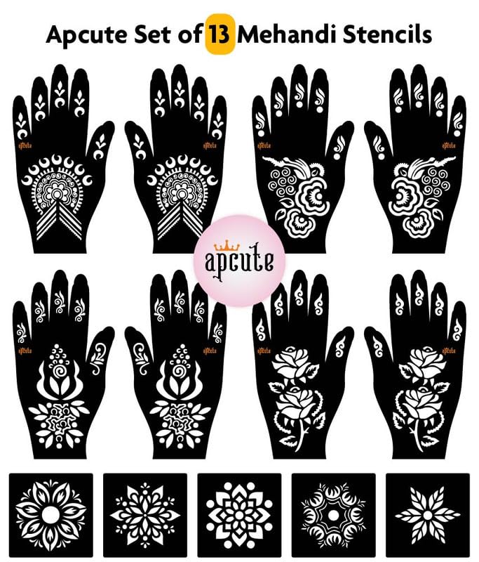 Apcute 13-Piece Henna Tattoo Sticker Set | Temporary Mehandi Stencils for Full Hand Design - Easy 4-Step Application for Women & Girls | Perfect for Weddings, Festivals & DIY Body Art