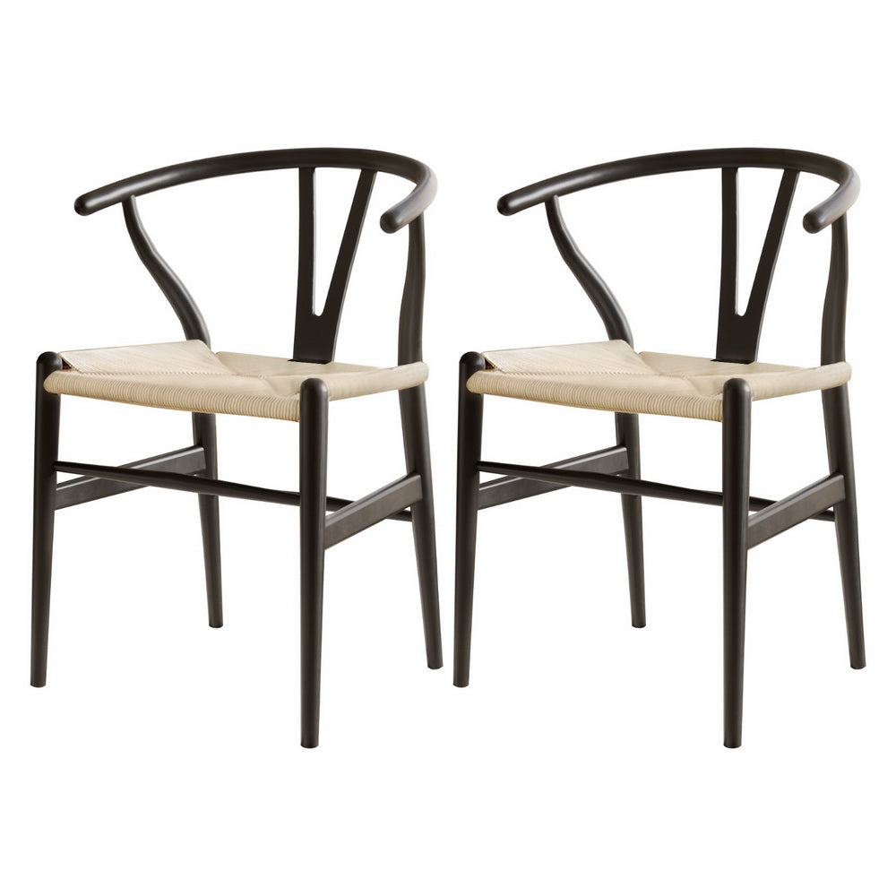 2 Pack Artiss Wooden Rattan Wishbone Dining Chairs - Black Modern Kitchen & Dining Room Furniture for Home Decor