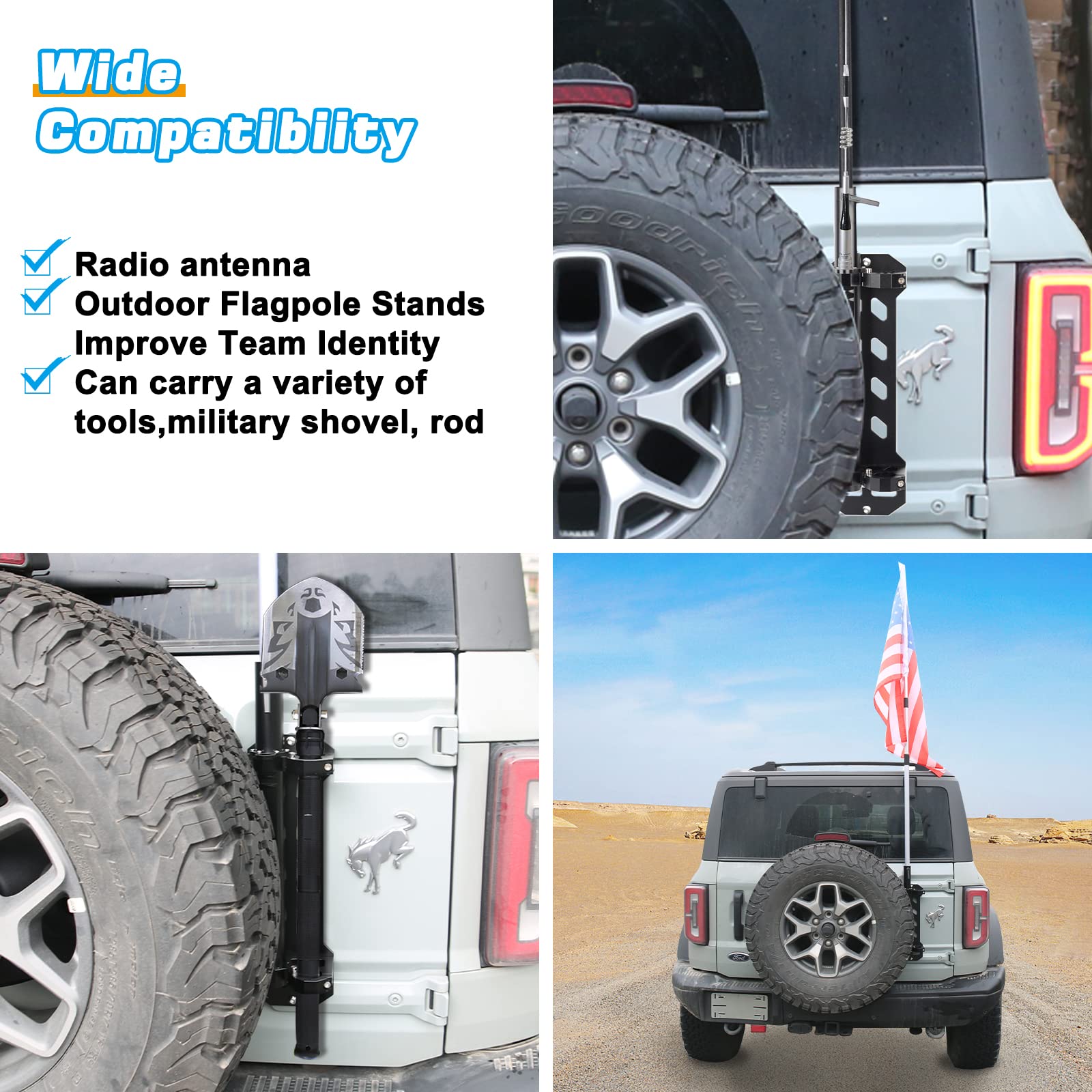 Guina 3-in-1 Aluminum Antenna Mount Flagpole Holder & Tailgate Hinge Mount for Ford Bronco 2021-2022 - No Drilling Installation - Perfect for Off-Road Adventures, Tailgating & Military Shovel Mounting