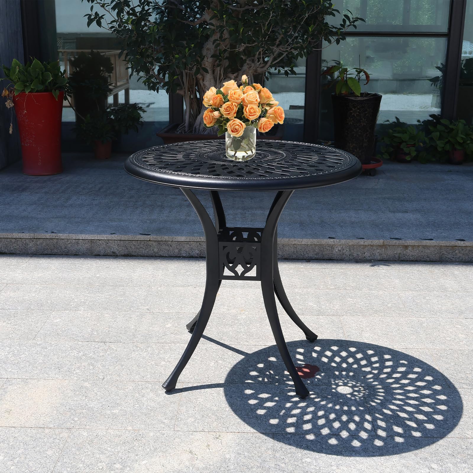 30 Inch Round Outdoor Patio Table with Umbrella Hole - Durable Cast Aluminum Bistro Table for Porch, Backyard, Garden - Weather-Resistant Metal Side Table (Black) - Perfect for Dining, Lounging and Outdoor Entertaining