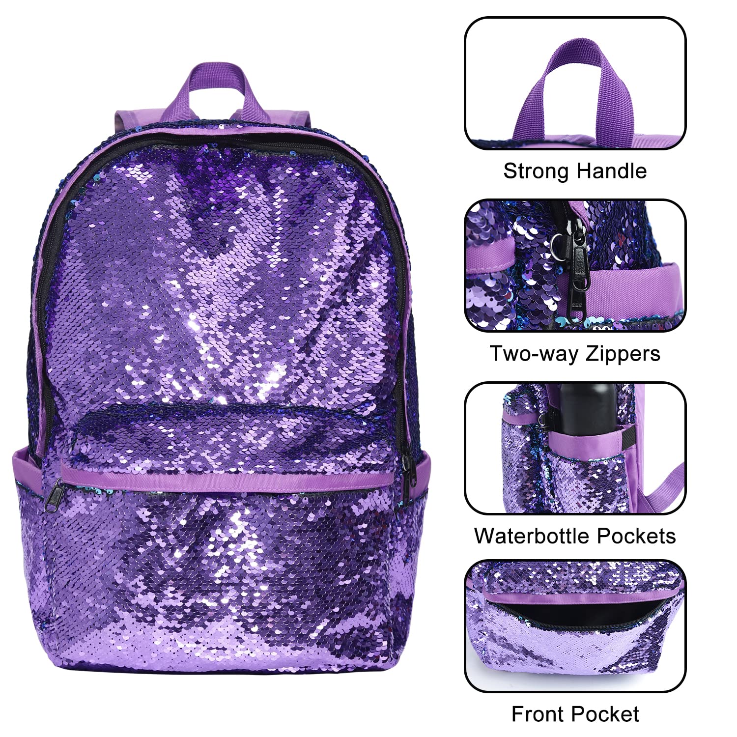 HeySun Sparkly Sequin Backpack for Girls - Glitter School Bag with Adjustable Straps, Purple Bookbag for Elementary, Middle & High School Students | Perfect for School, Travel & Everyday Use