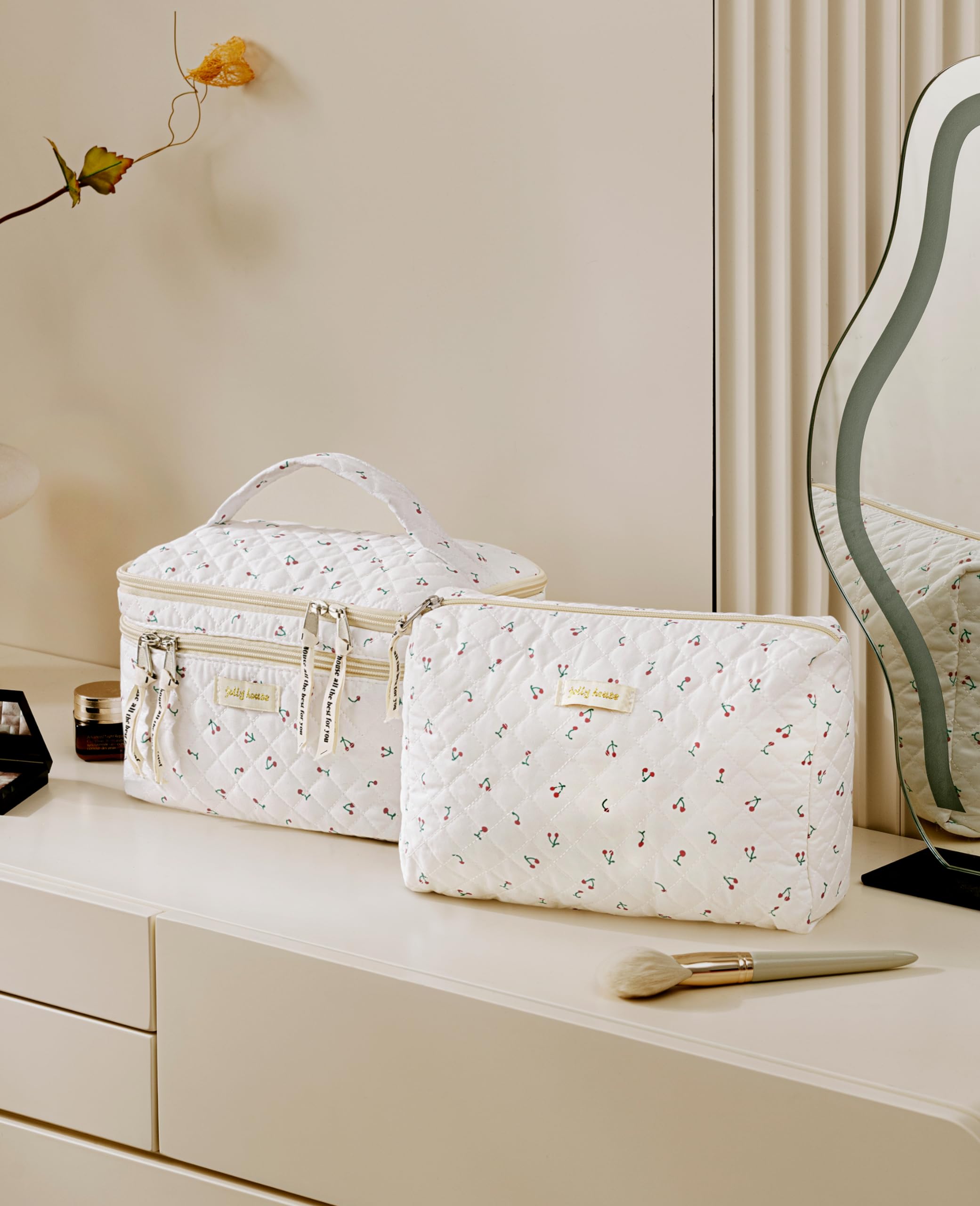 HBselect 2Pcs Double Layer Travel Makeup Bag for Women - Cotton Quilted Cosmetic Organizer with Cherry Print, Large Aesthetic Toiletry Bag for Girls - Perfect for Vacation, Gym & Daily Beauty Essentials Storage