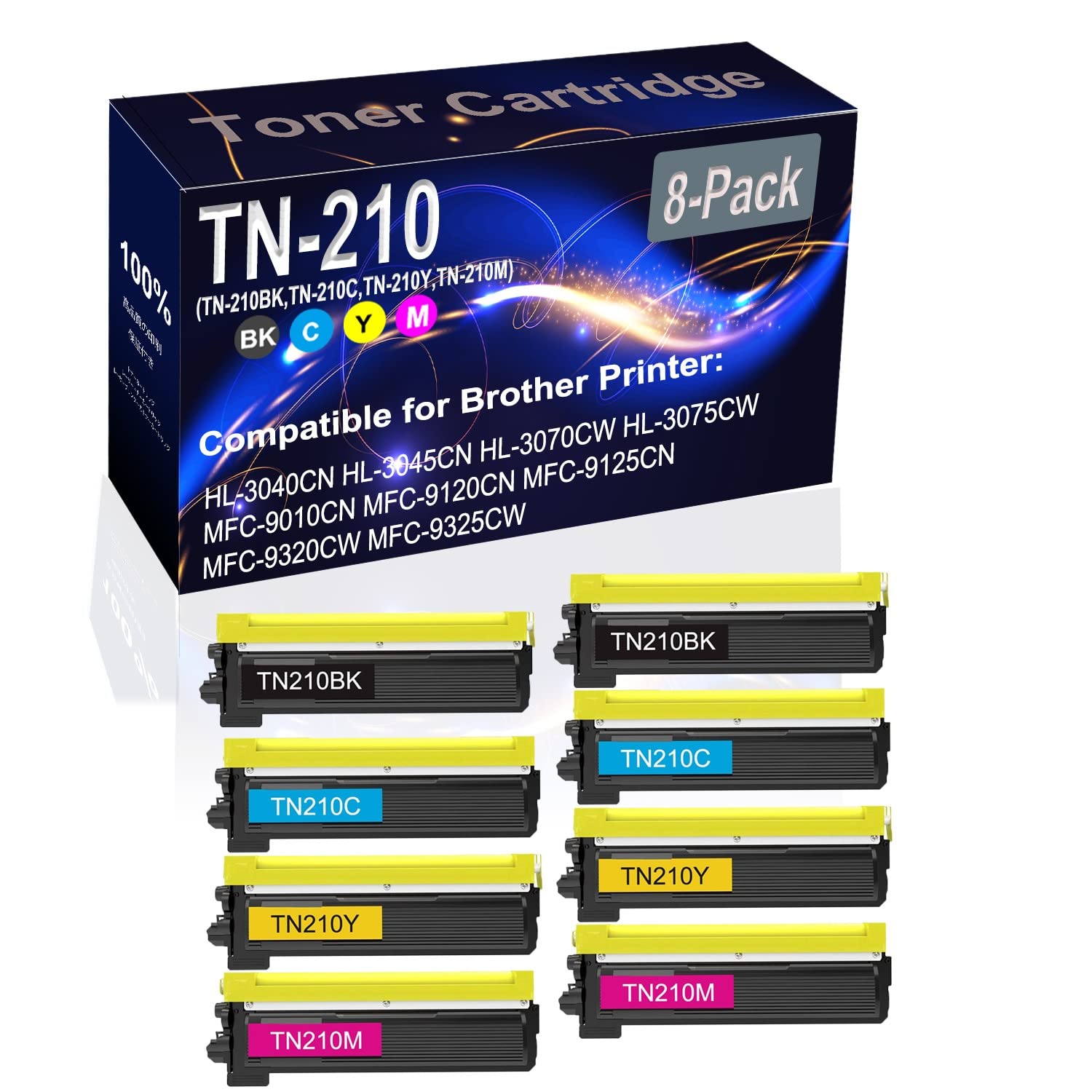 8-Pack (2BK+2C+2Y+2M) High Capacity Compatible HL-3040CN Laser Printer Toner Cartridge - Replacement for Brother TN210 TN-210 (TN-210BK TN-210C TN-210Y TN-210M) - Ideal for Office Printing, Business Documents & High-Volume Home Use