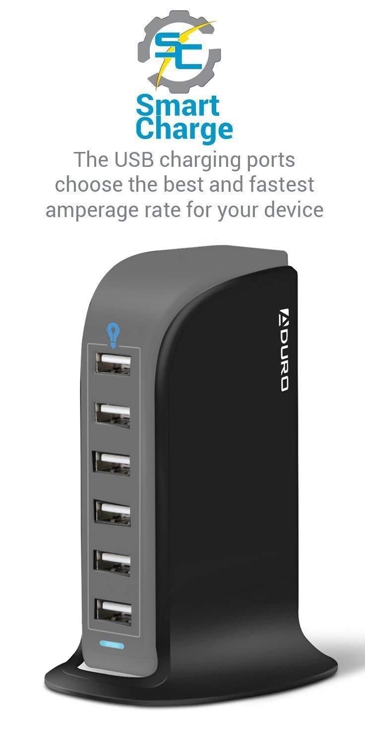Aduro 40W 6-Port USB Desktop Charging Station with U-Light LED Desk Lamp - Wireless Charger, Dimmable Eye-Caring Light for Home Office, Bedroom & Nightstand (Black) - Fast Charging Hub & Stylish Desk Organizer