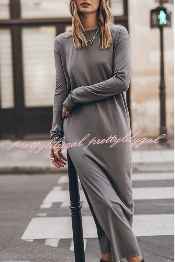 Bedisse Cotton Blend Long Sleeve Relaxed Slit Midi Dress - Comfortable Casual & Work Wear for Women | Perfect for Office, Date Night & Weekend Outings