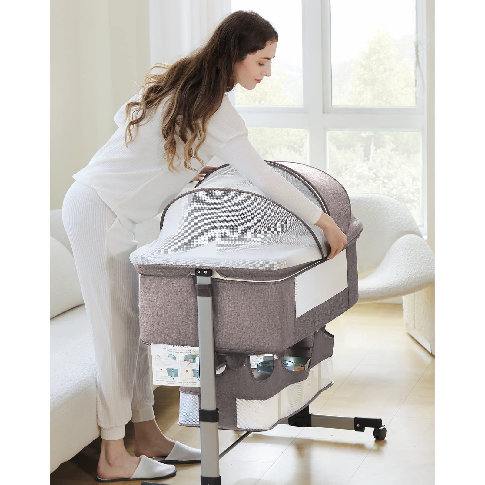 iHoming Portable Baby Bassinet Bedside Sleeper - Adjustable Newborn Crib with Storage Basket & Easy Folding Design - Perfect for Nursery, Bedroom & Travel (Khaki)