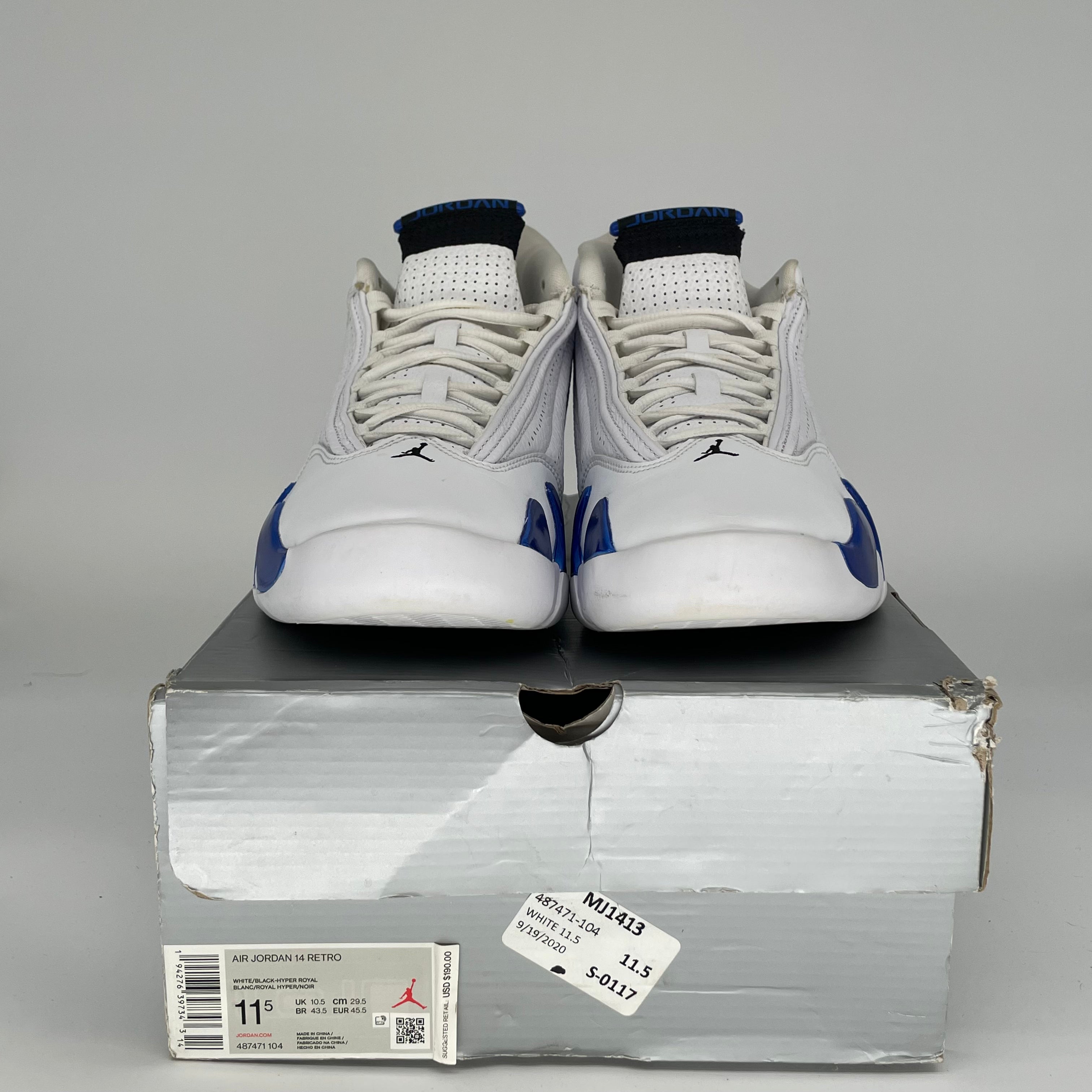 Original Title: AIR JORDAN 14 WHITE HYPER ROYAL SIZE 11.5 487471 104   Optimized Title: **Air Jordan 14 Retro Men's Basketball Shoes - White/Hyper Royal - Size 11.5 (487471-104) | Perfect for Streetwear & Court Performance**