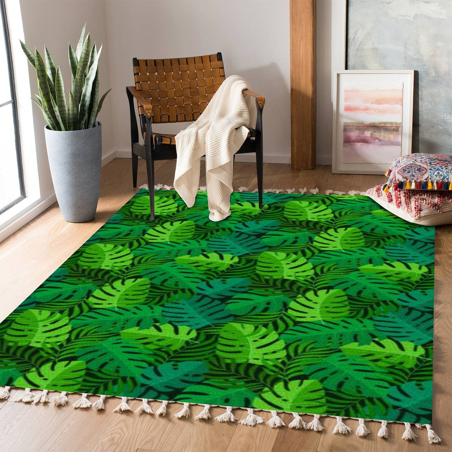 Boho Tropical Leaf Print Area Rug - Natural Seamless Exotic Pattern Carpet for Patio, Hallway Runner, Living Room & Bedroom - Indoor/Outdoor Minimalist Home Decor - Perfect for Beach House, Dorm, Nursery & Airbnb Styling