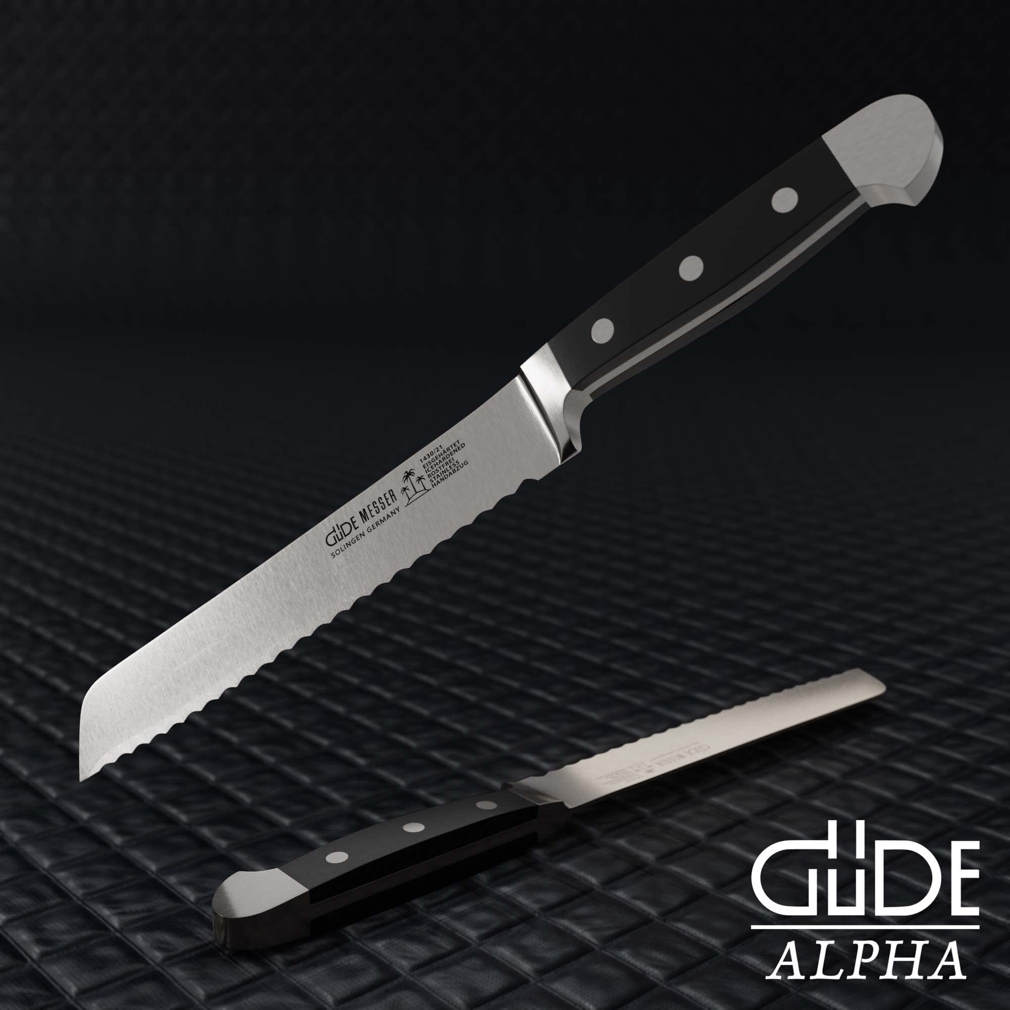 Premium Güde Alpha Series Hand-Forged Bread Knife - 8-Inch Razor Sharp Blade with Black Hostaform Handle - Solingen Germany Craftsmanship Since 1910 - Perfect for Artisan Breads, Pastries & Home Baking