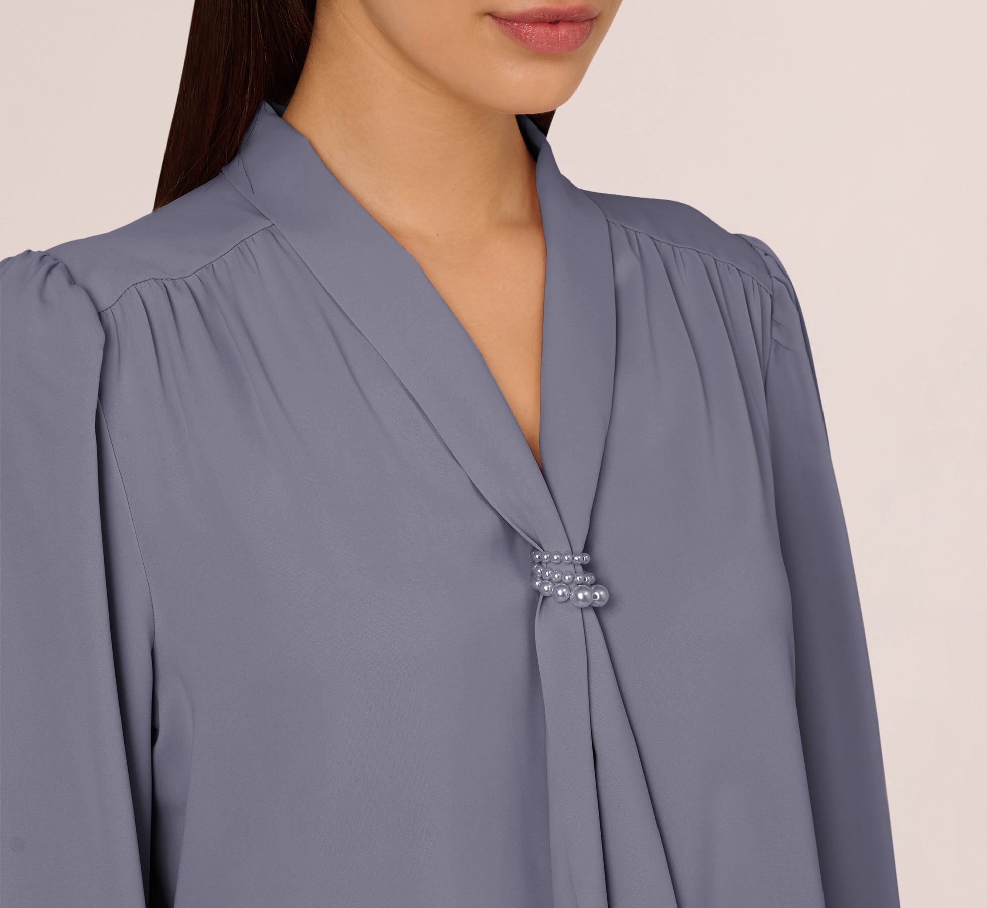 Elegant Dusty Blue Long Sleeve Embellished Tie Collar Blouse for Women | Office Wear, Party Outfits & Formal Occasions