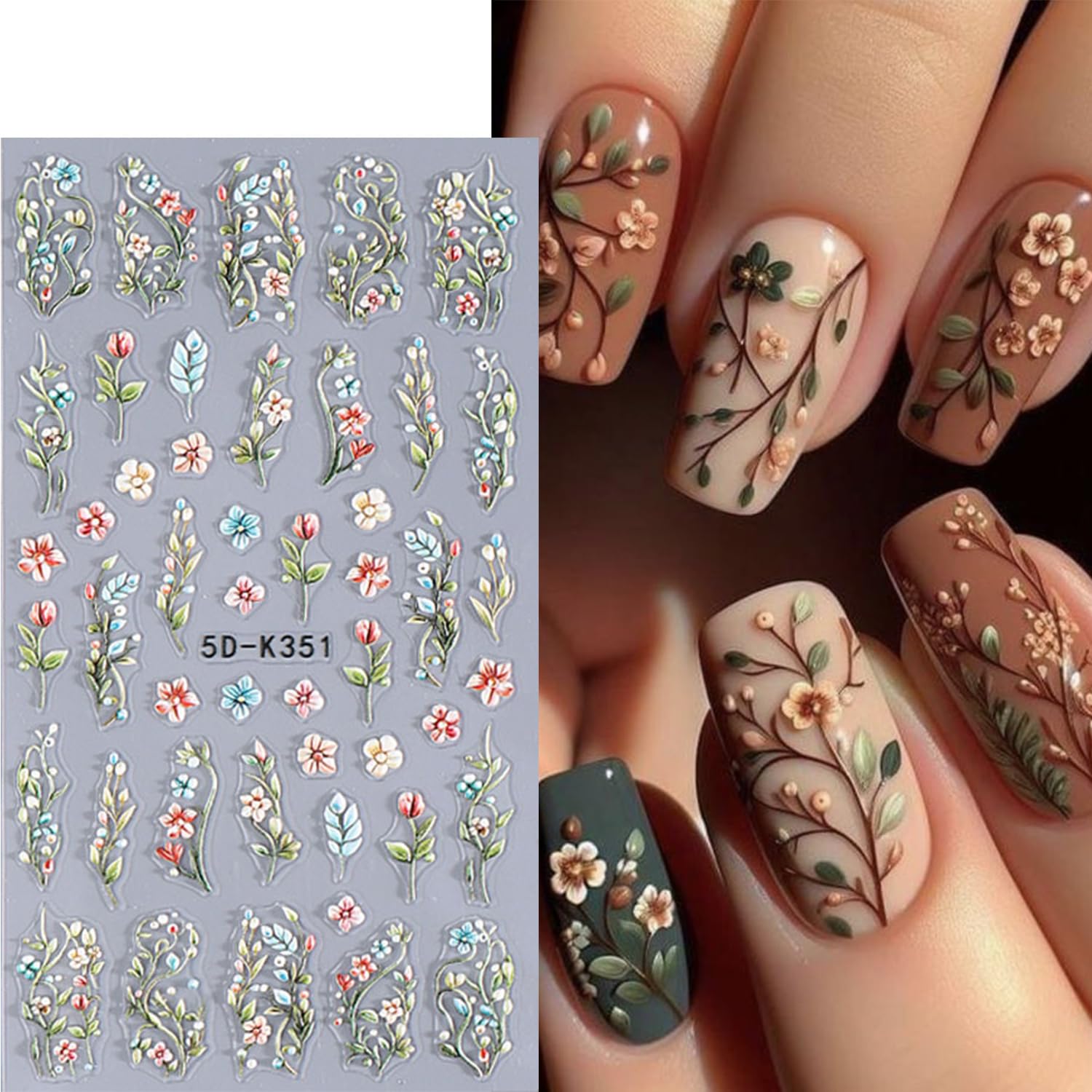 5D Floral Nail Stickers for Women - Spring Flower Nail Art Decals with Embossed Design | Self-Adhesive White, Orange, Red & Blue DIY Nail Charms | Perfect for Nail Salon, Home Manicure, Party & Wedding Nail Art Accessories