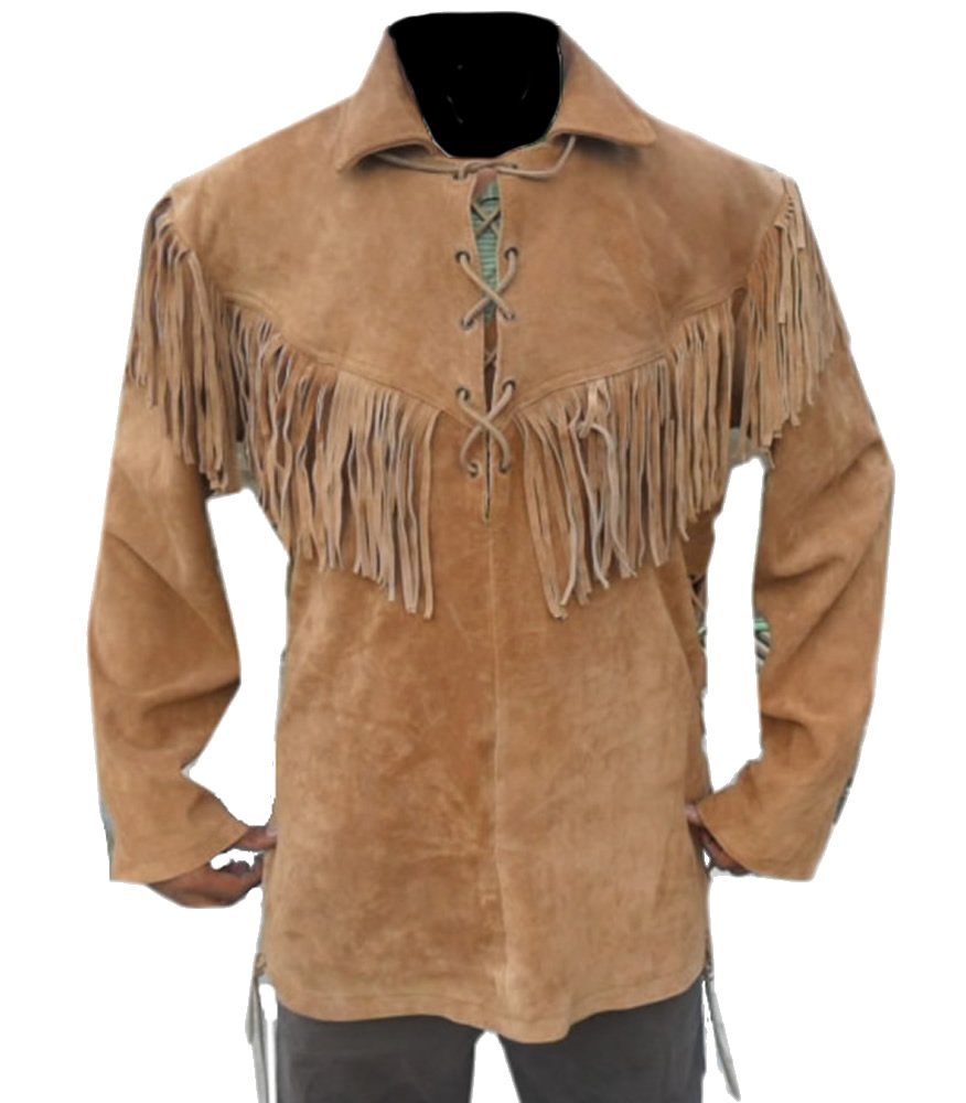 Men's Western Fringed Cowboy Leather Shirt - Vintage Style Distressed Leather Top for Rodeo & Country Music Festivals