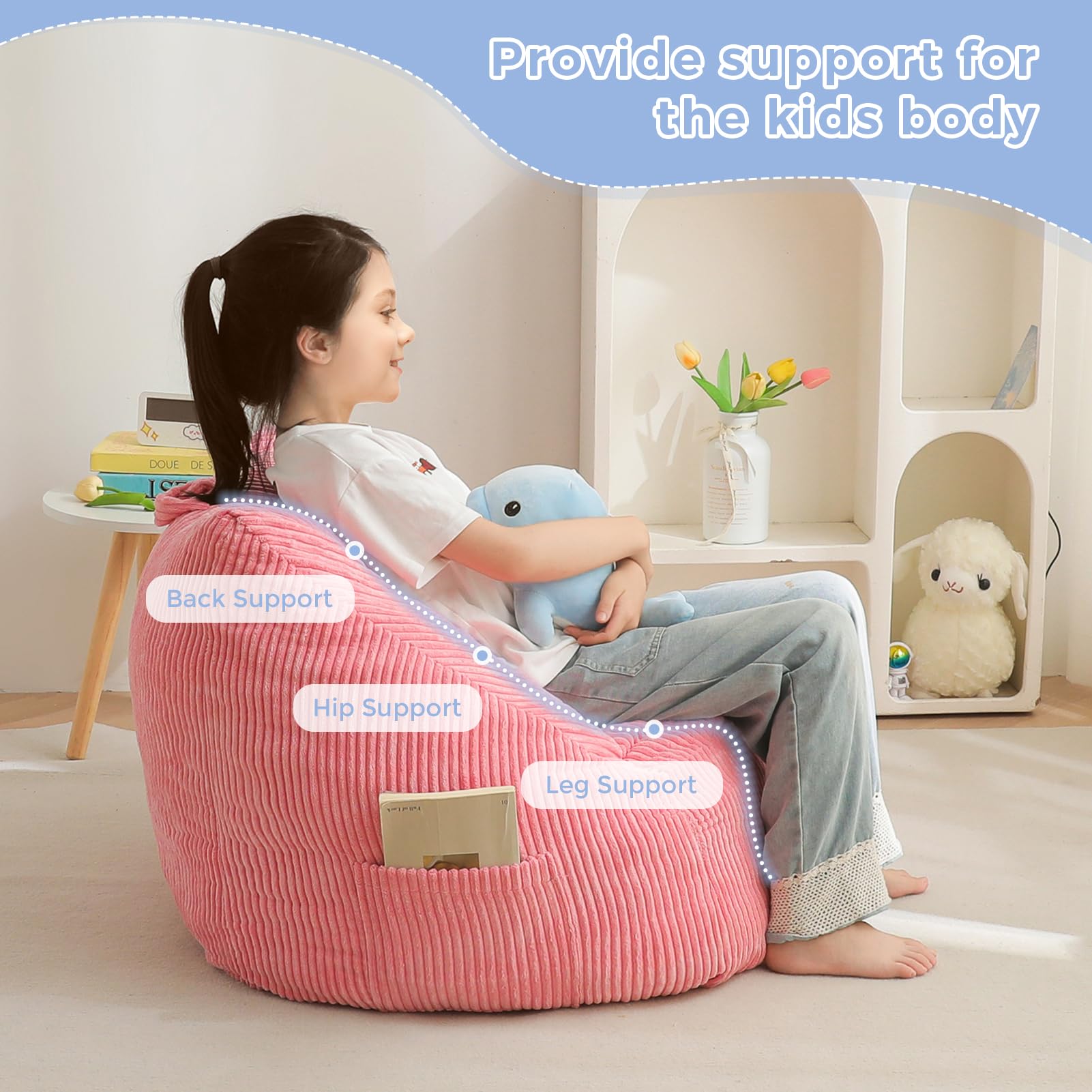 MAXYOYO Kids Bean Bag Chair - Soft Corduroy Bean Bag Couch with Handle & Storage Pocket for Gaming, Reading & Relaxing (Pink) - Perfect for Bedrooms, Playrooms & Dorm Rooms
