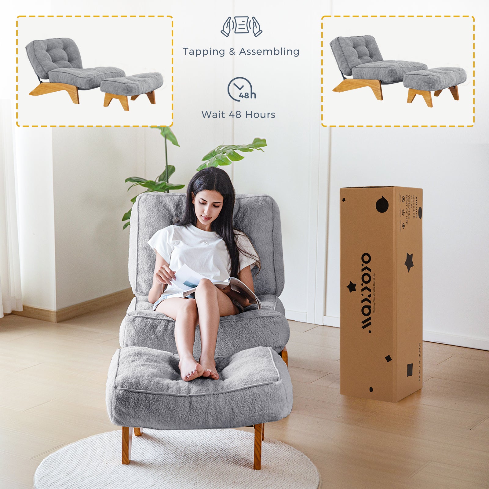 MAXYOYO Adjustable Accent Chair with Ottoman - Boucle Tufted Lounge Chair Set in Grey | Modern Living Room Furniture for Relaxing & Reading | Perfect for Home Office, Bedroom or Apartment Decor