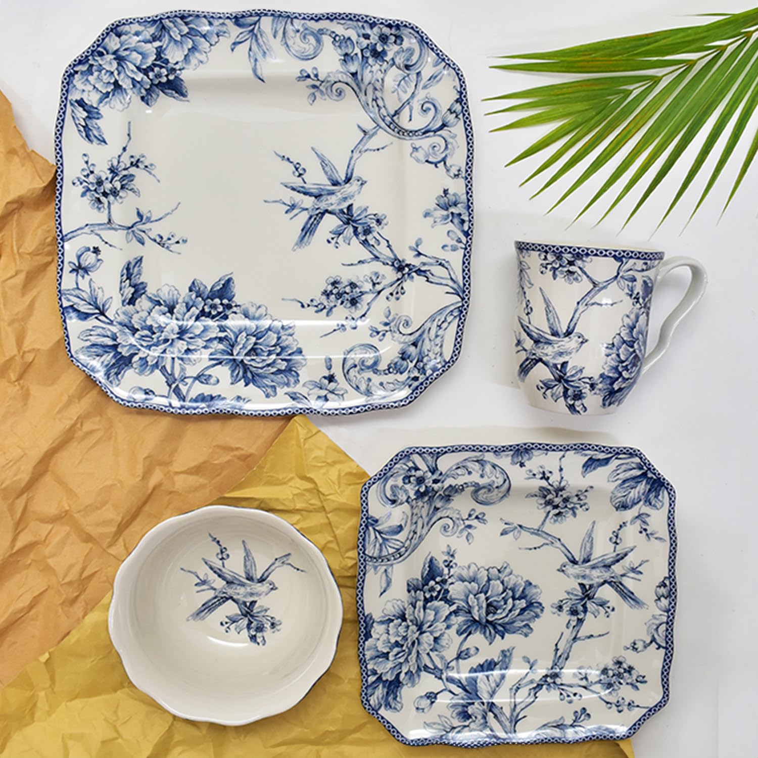 222 Fifth Adelaide 16-Piece Square Floral Dinnerware Set – Blue & White Porcelain Plates & Bowls, Service for 4, Microwave & Dishwasher Safe, Chip Resistant – Perfect for Everyday Dining, Family Gatherings & Elegant Entertaining