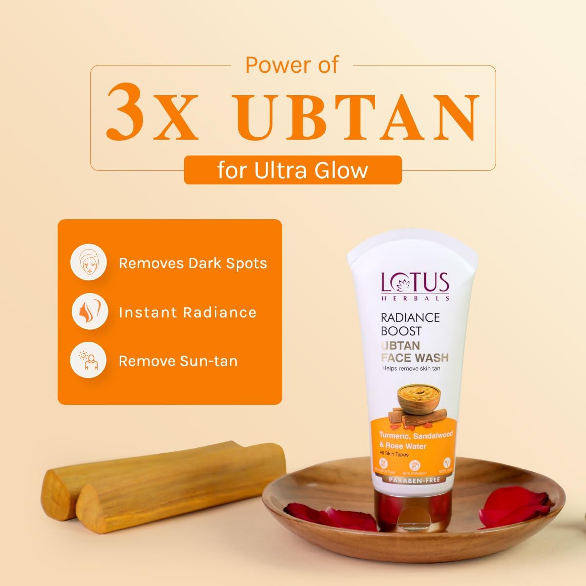 Lotus Herbals Radiance Boost Ubtan Face Wash with Turmeric, Sandalwood & Rose Water - Brightening Facial Cleanser for Glowing Skin, Reduces Dark Spots - Paraben Free, Mineral Oil Free (100g) - Perfect for Daily Skincare Routine & Acne-Prone Skin