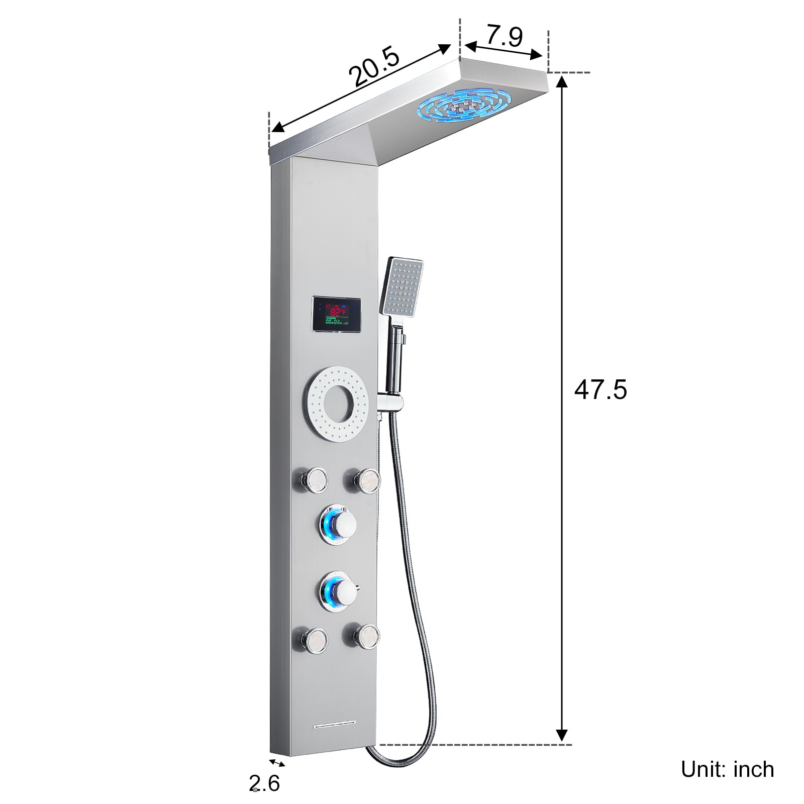 TSIBOMU LED Shower Panel Tower System with 5 Body Jets - Stainless Steel Rainfall & Mist Shower Tower, Handheld Shower & Tub Spout - Brushed Nickel Hydroelectric Temperature Display for Luxurious Bathroom Upgrade (Perfect for Modern Home Spa Experience)