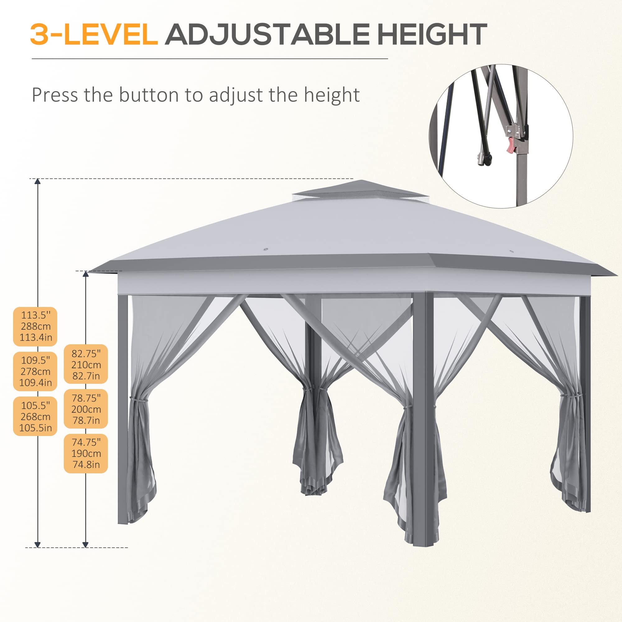 Outsunny 11' x 11' Pop Up Canopy Tent with Netting & Carry Bag - Instant Gazebo Sun Shelter for Outdoor Parties, Camping, Beach & Backyard - 121 Sq Ft Shade Cover for Garden, Patio, BBQ & Picnic (Gray)