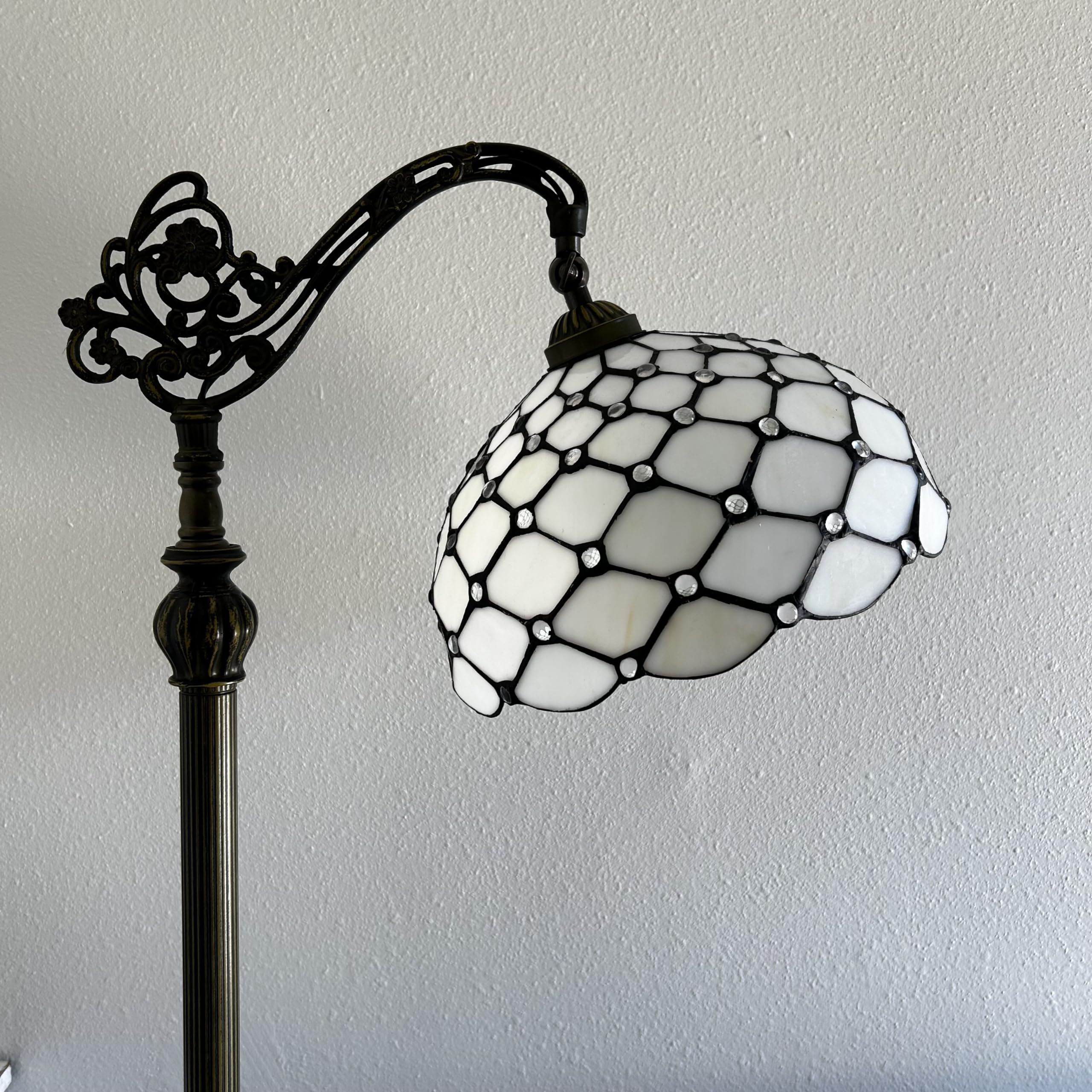 Tiffany Style Floor Lamp with White Stained Glass & Crystal Beads - Adjustable Gooseneck LED Reading Light for Living Room, Bedroom (20